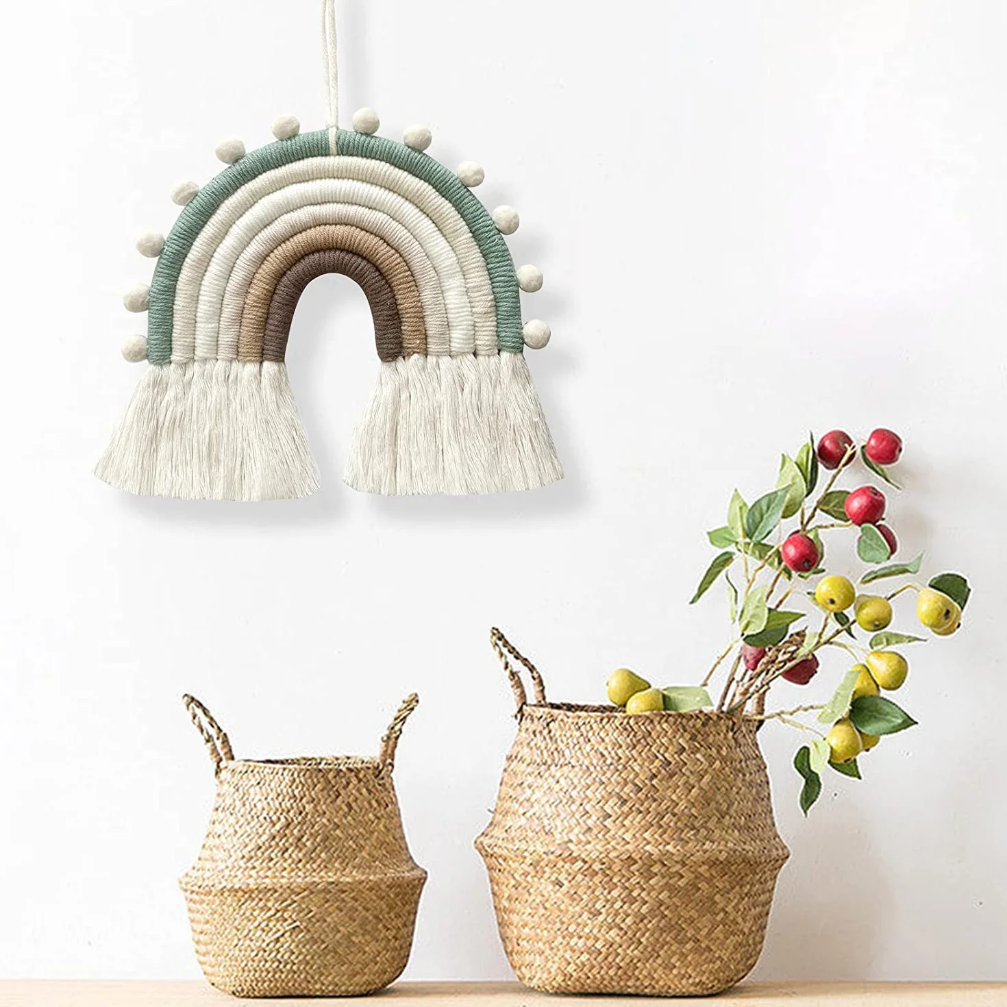 Tapiz Macramé Arcoíris Decoración Pared Infantil Tejido a Mano Algodón Borlas Boho para Habitación Bebé
