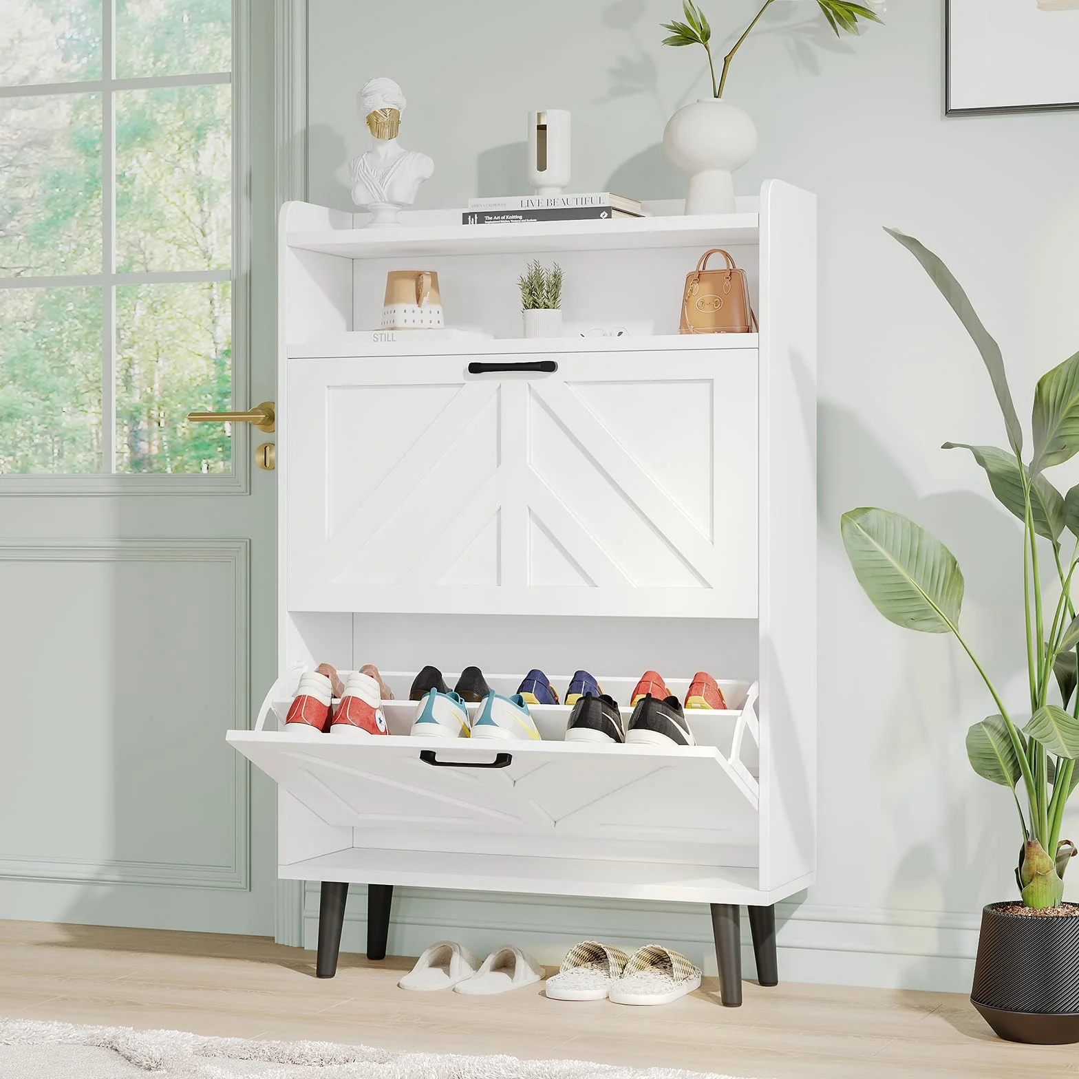 VOWNER Zapatero Entrada Recibidor Estrecho, Mueble Zapatero Blanco con 2 Puertas Abatibles y Estantes Ajustables, Organizador de Zapatos de Madera con Patas Elevadas para Pasillo, 75 x 24 x 113 cm