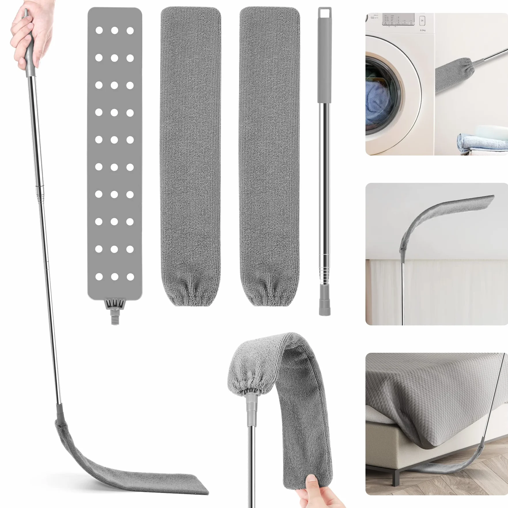 DOBIGER Cepillo Limpieza Polvo Varilla Telescópica Acero Inoxidable, Plumero Atrapapolvo Microfibra Lavable