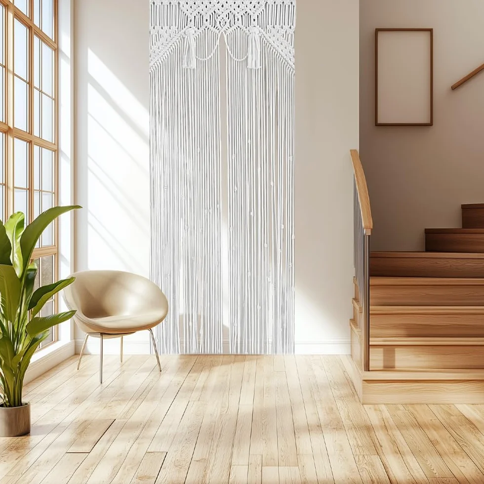 Cortina de macramé hecha a mano 72 x 190 cm bohemio beige