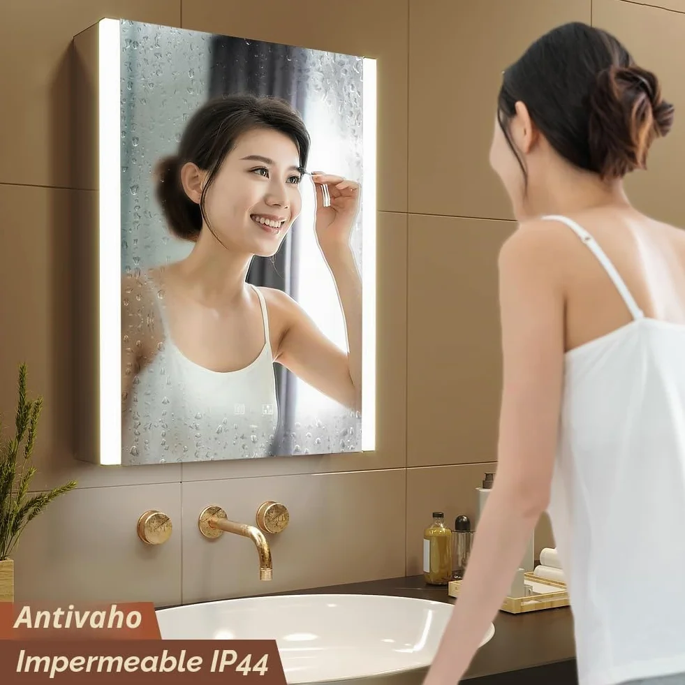 KWW LED Botiquín Baño Espejo Temperatura Color Ajustable Luz Antiniebla Enchufe USB Montado Pared 55x70