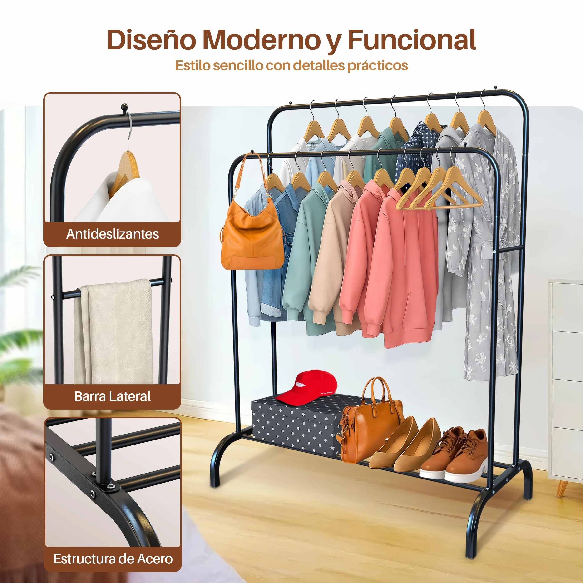 PORTENTUM Perchero de pie acero resistente 35 kg Organizador doble barra zapatero antideslizante
