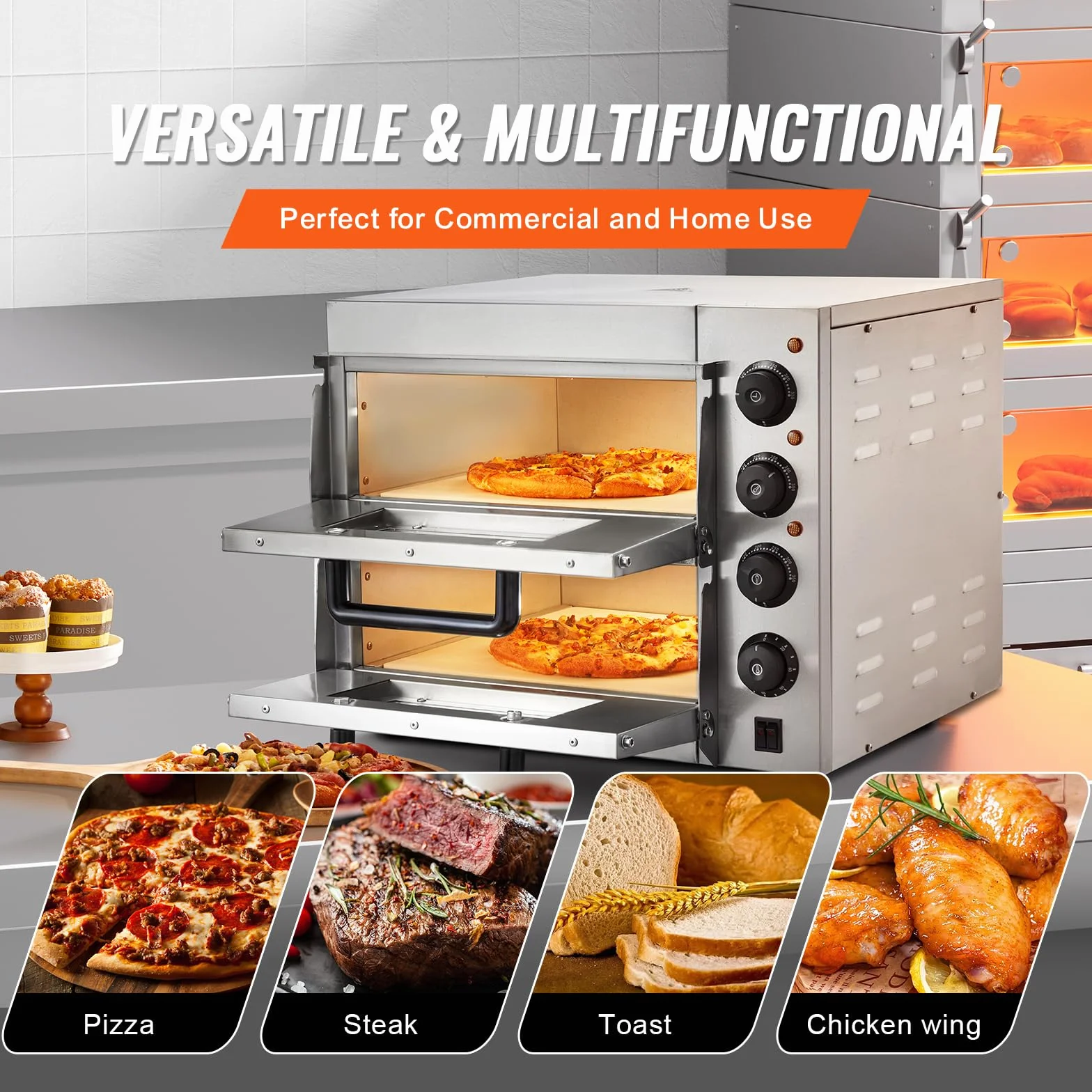 VEVOR Horno de Pizza Comercial Eléctrico de Encimera Doble Piso, Acero Inoxidable con Piedra, 520 x 430 x 430 mm