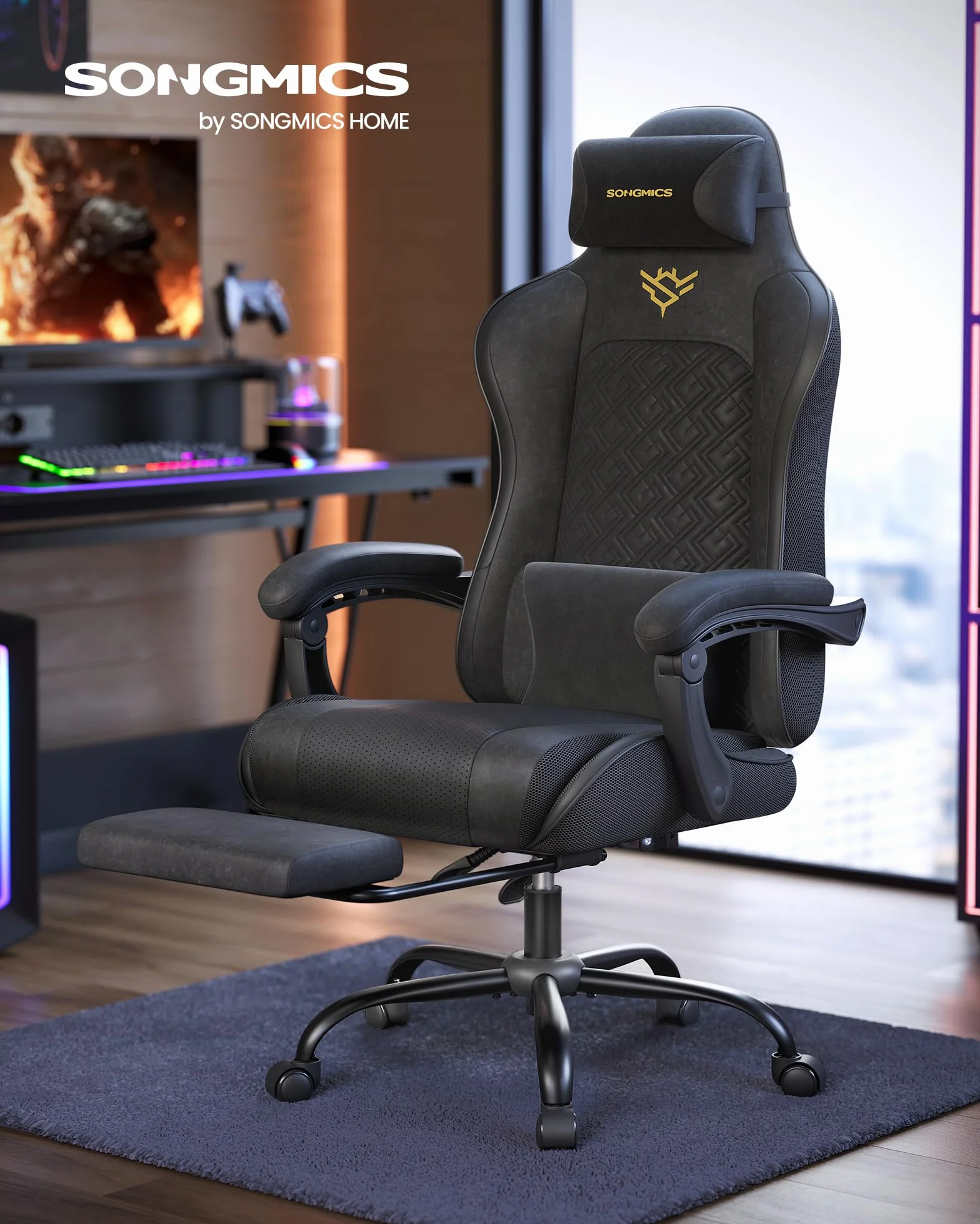 SONGMICS Silla Gaming Ergonómica de Escritorio con Resortes Reposapiés Reposabrazos Negro Tinta
