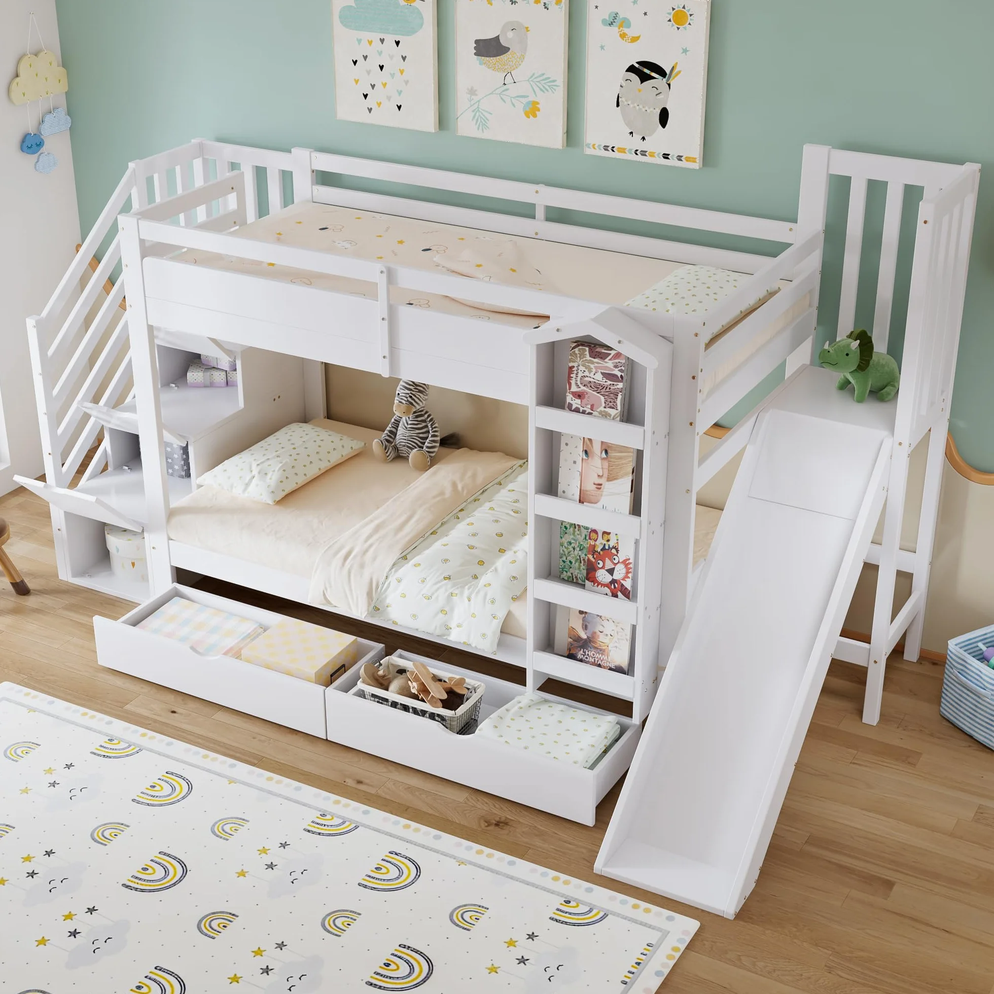 Litera, cuna, con estante para libros, dos cajones con ruedas y tobogán infantil, armario de almacenamiento para escaleras, pino + MDF + madera contrachapada, blanco, 90 x 200 cm