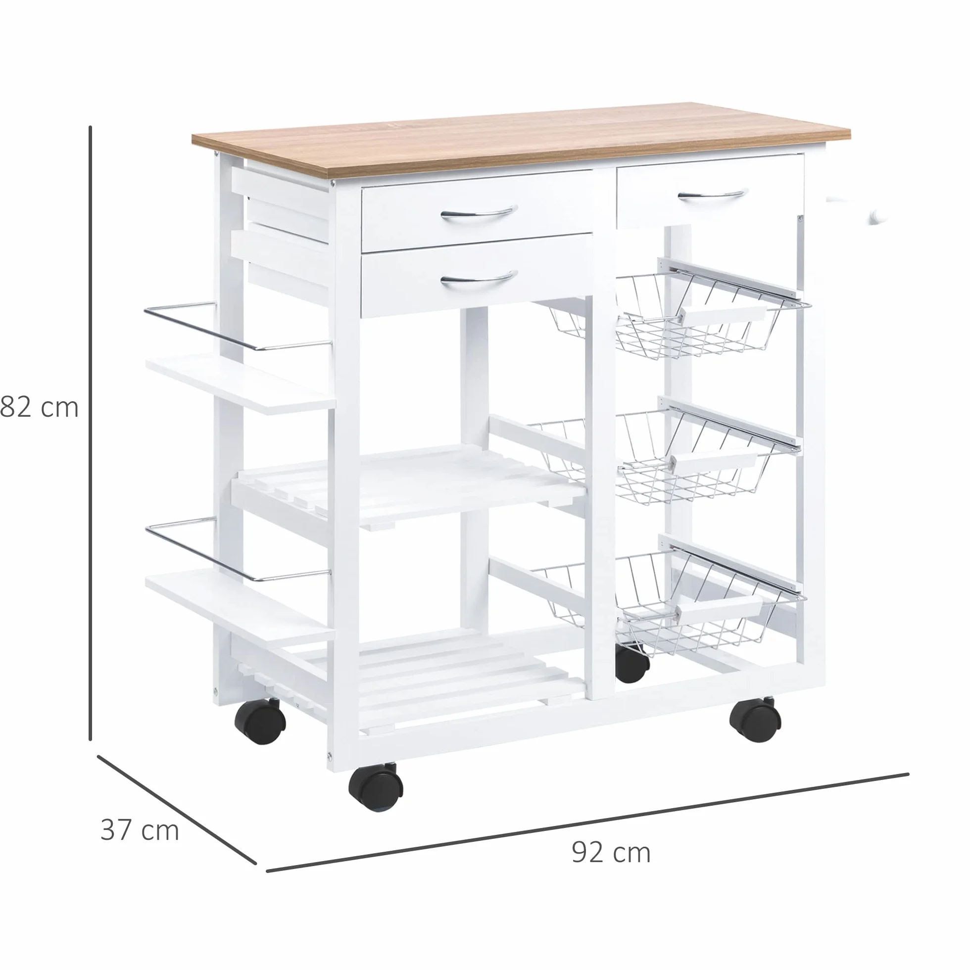 HOMCOM Carrito de Cocina Carro de Almacenamiento con Cajones Cestas Estantes para Especias Toallero Ruedas 92x37x82 cm Blanco