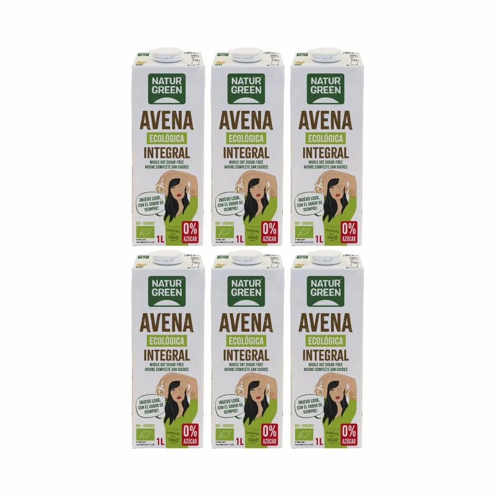 NaturGreen Bebida de Avena Integral Bio Pack 6 x 1L, Sin Azúcares Añadidos, Sin Lactosa