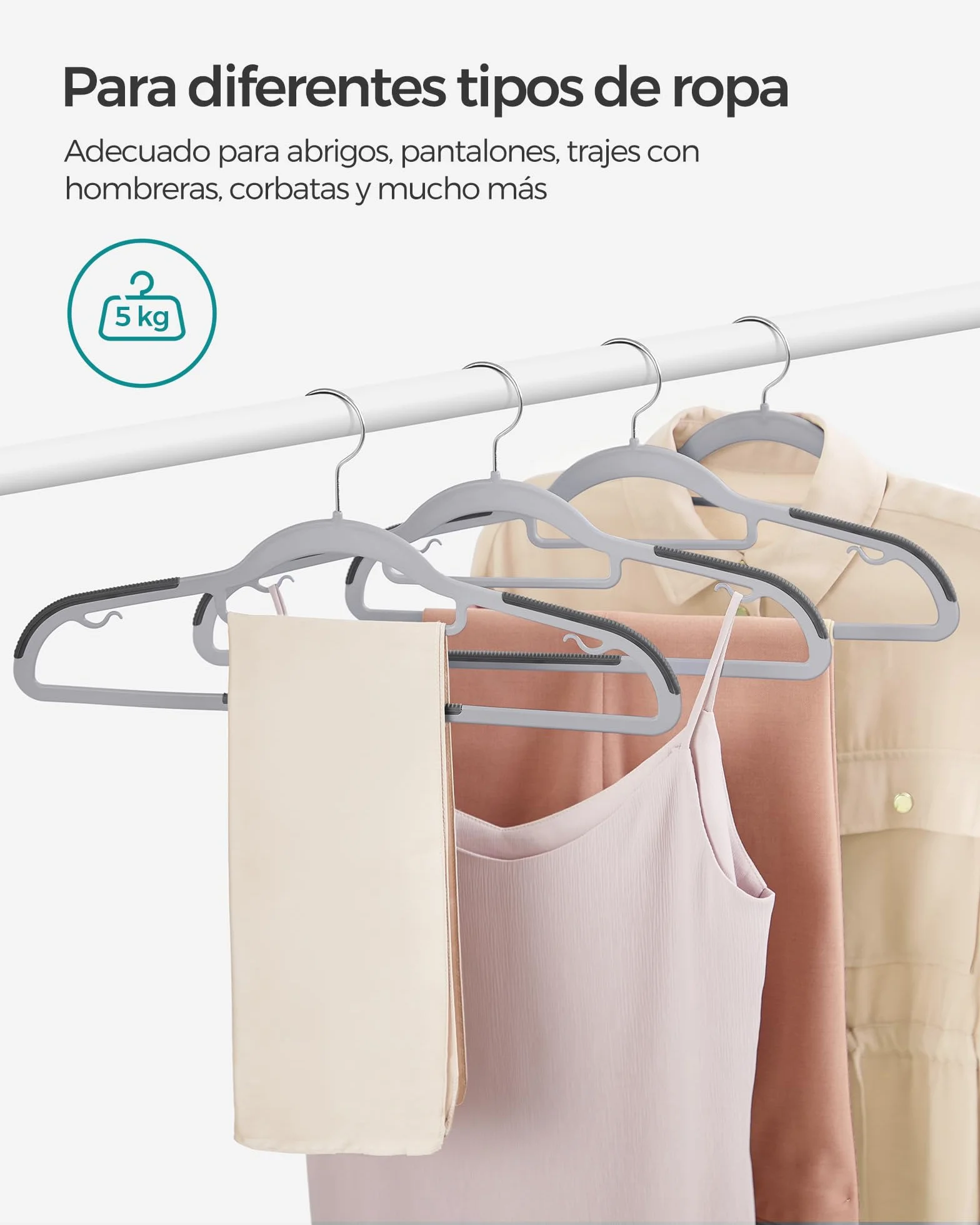 SONGMICS Juego de 50 Perchas, Perchas de PlÁstico, Antideslizantes, Ahorra Espacio, 0,5 cm de Grosor, 42 cm de Largo, Gancho Plata Giratorio de 360°, Gris Claro y Gris Oscuro CRP20G50