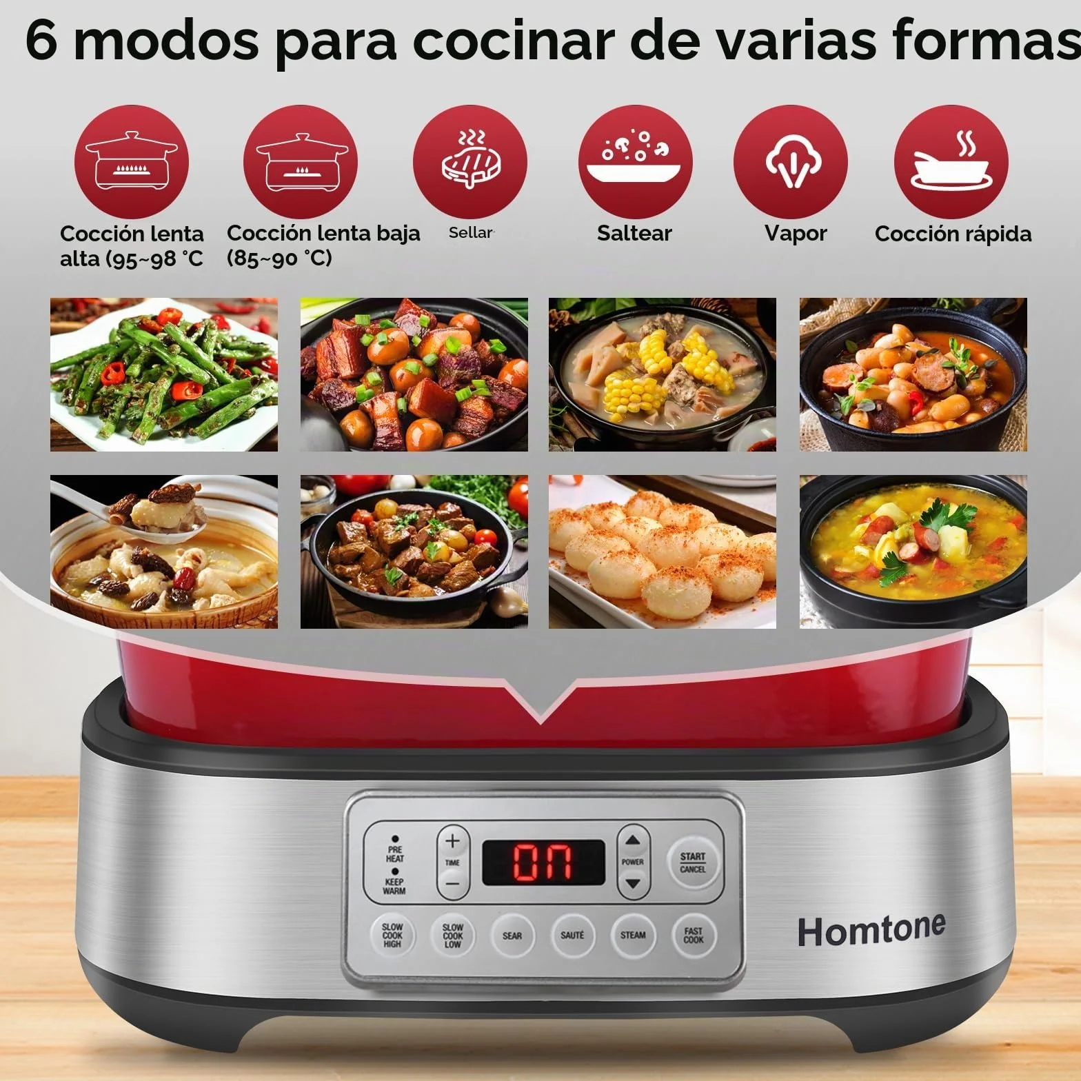 Homtone Cacerola 6 en 1 Slow Cooker 5,5L Programable Esmaltada Extraíble Revestimiento Cerámica Cocción Lenta Vapor Rojo