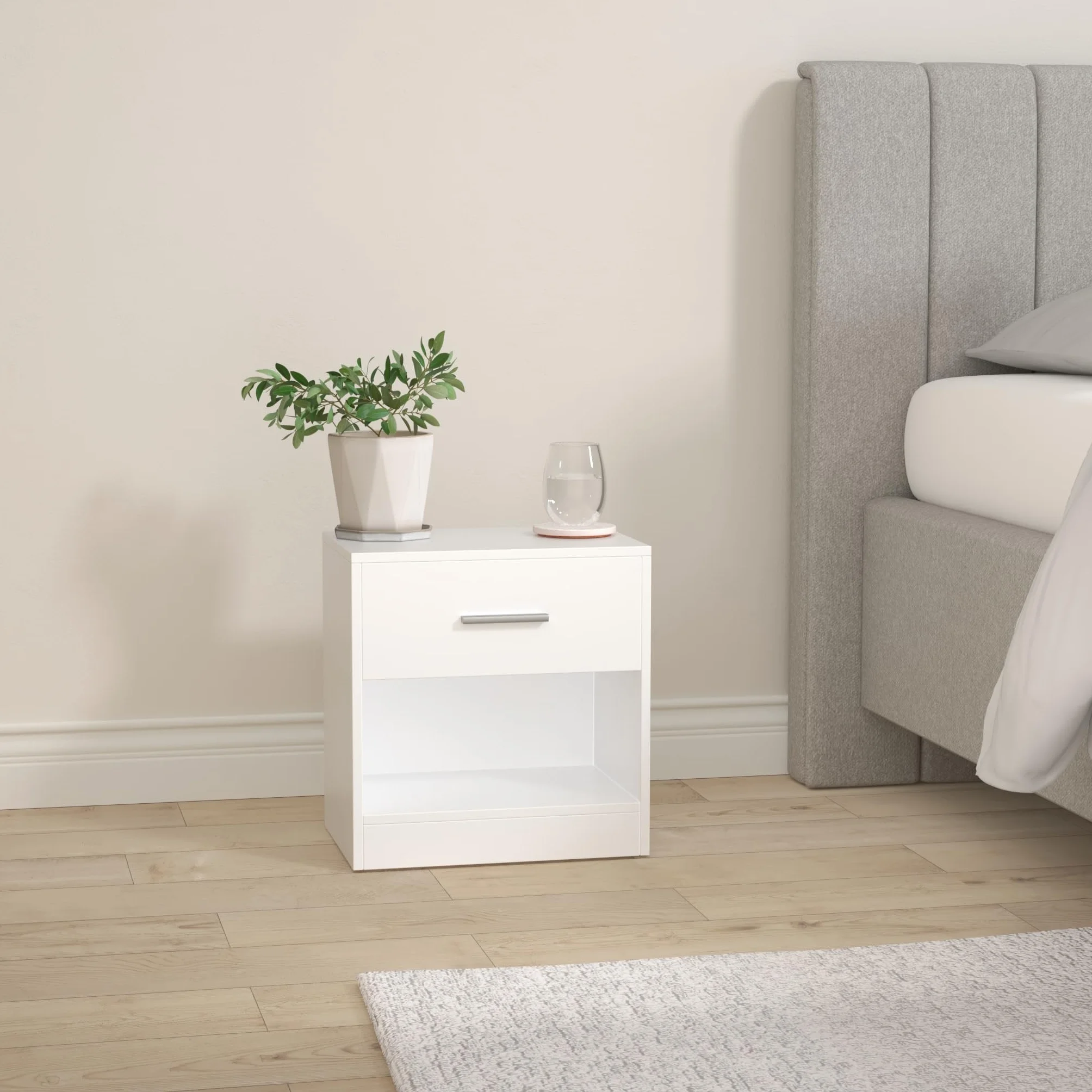 VASAGLE Mesita de Noche, Mesa Auxiliar con Cajón, Asa, Compartimento Abierto, para Dormitorio, Salón, Blanco Nube LET619T14