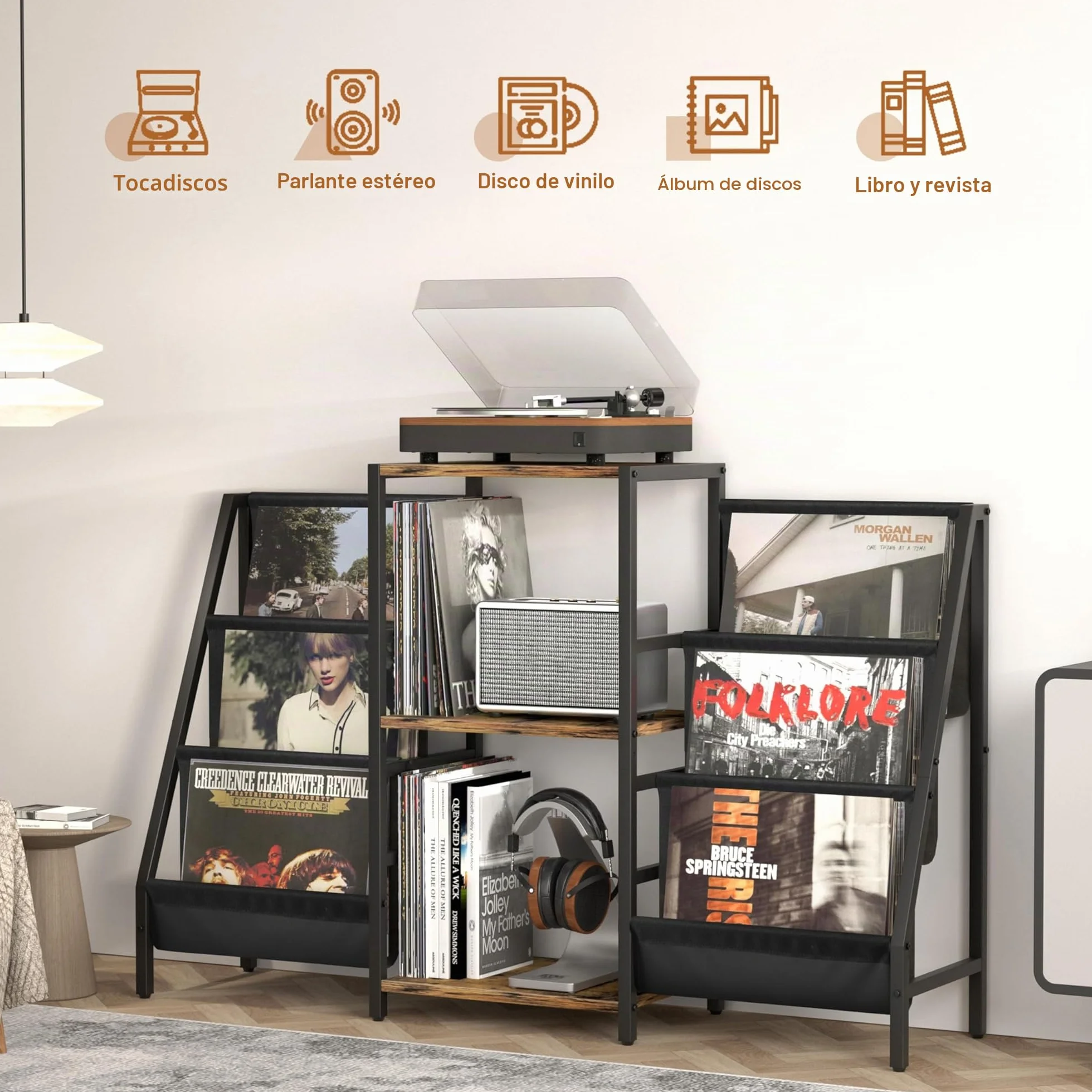 Bikoney Tocadiscos de Vinilo Stand, Mueble Tocadiscos con Almacenamiento de Vinilo hasta 280 Albumes, Giradiscos Estante Soporte Reproductor Vinilo de Almacenamiento de Vinilos Media Estéreo