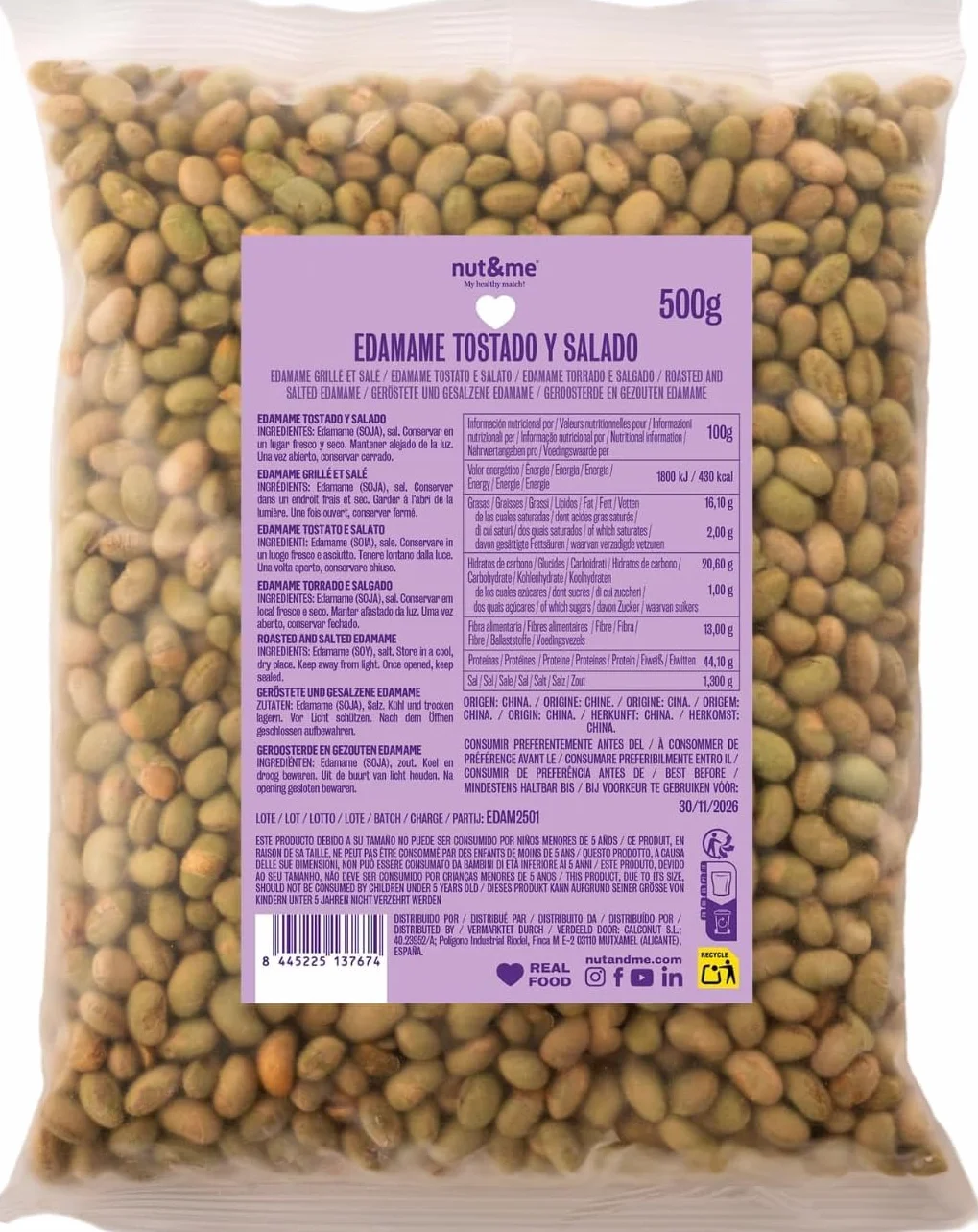 nut&me Edamame tostado ligeramente salado 500 gr sin gluten sin azúcares añadidos alto en proteínas snack crujiente