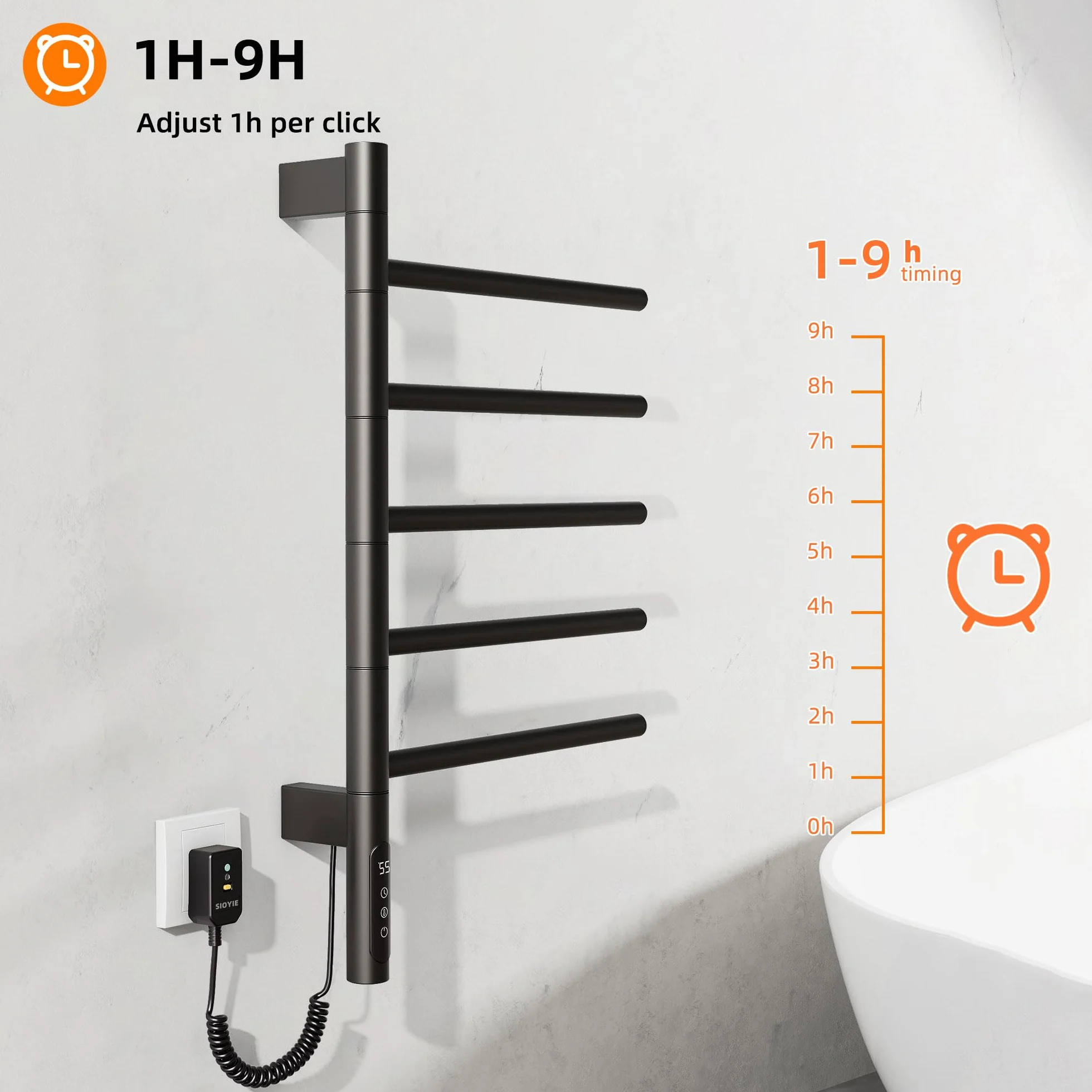 Radiador Toallero Eléctrico para Baño, Rotación de 180° Secatoallas eléctrico, 415 x 680mm, 85W, WiFi Negro Toallero Electrico Baño, Calentador Toallas, Secatoallas, Ahorro de energía-G63 WiFi Black