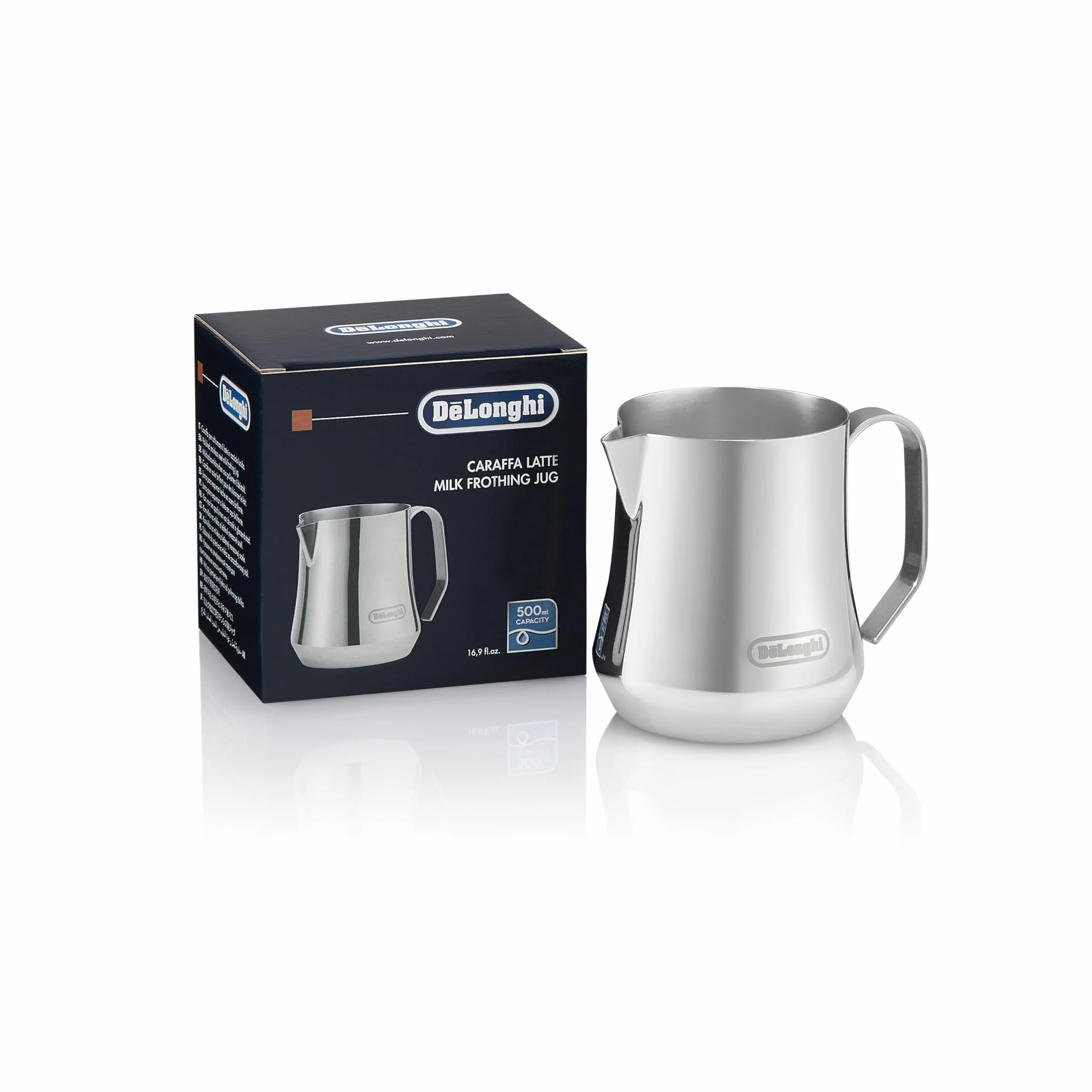 De'Longhi Jarra espumadora de leche, acero inoxidable, 481.9 g (500 ml), herramienta barista, jarra espumadora para máquina de espresso, café, capuchino, latte arte, DLSC069