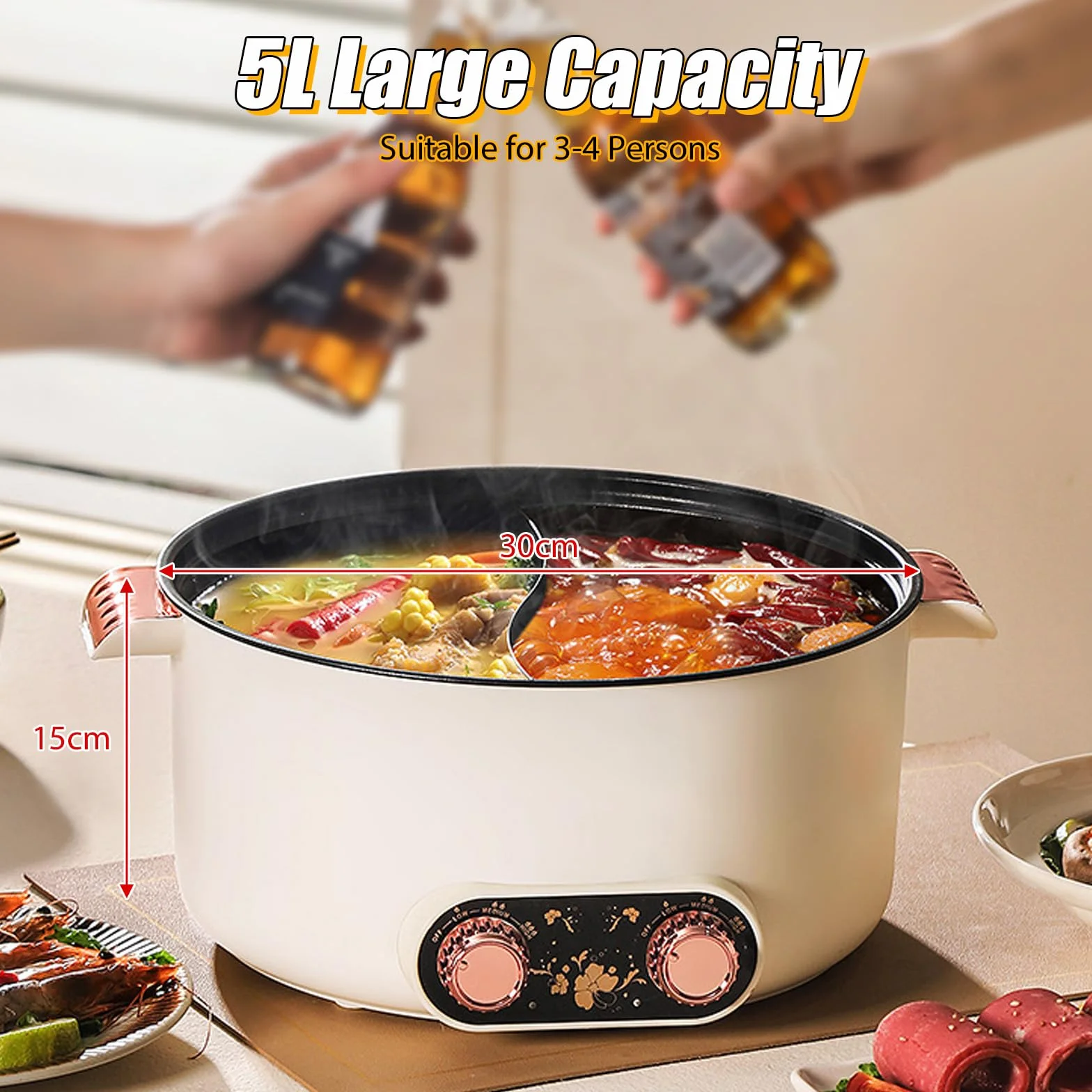 Olla Eléctrica 5L 1350W Calefacción Rápida Antiadherente Doble Botón Rotativo 3 Niveles Temperatura