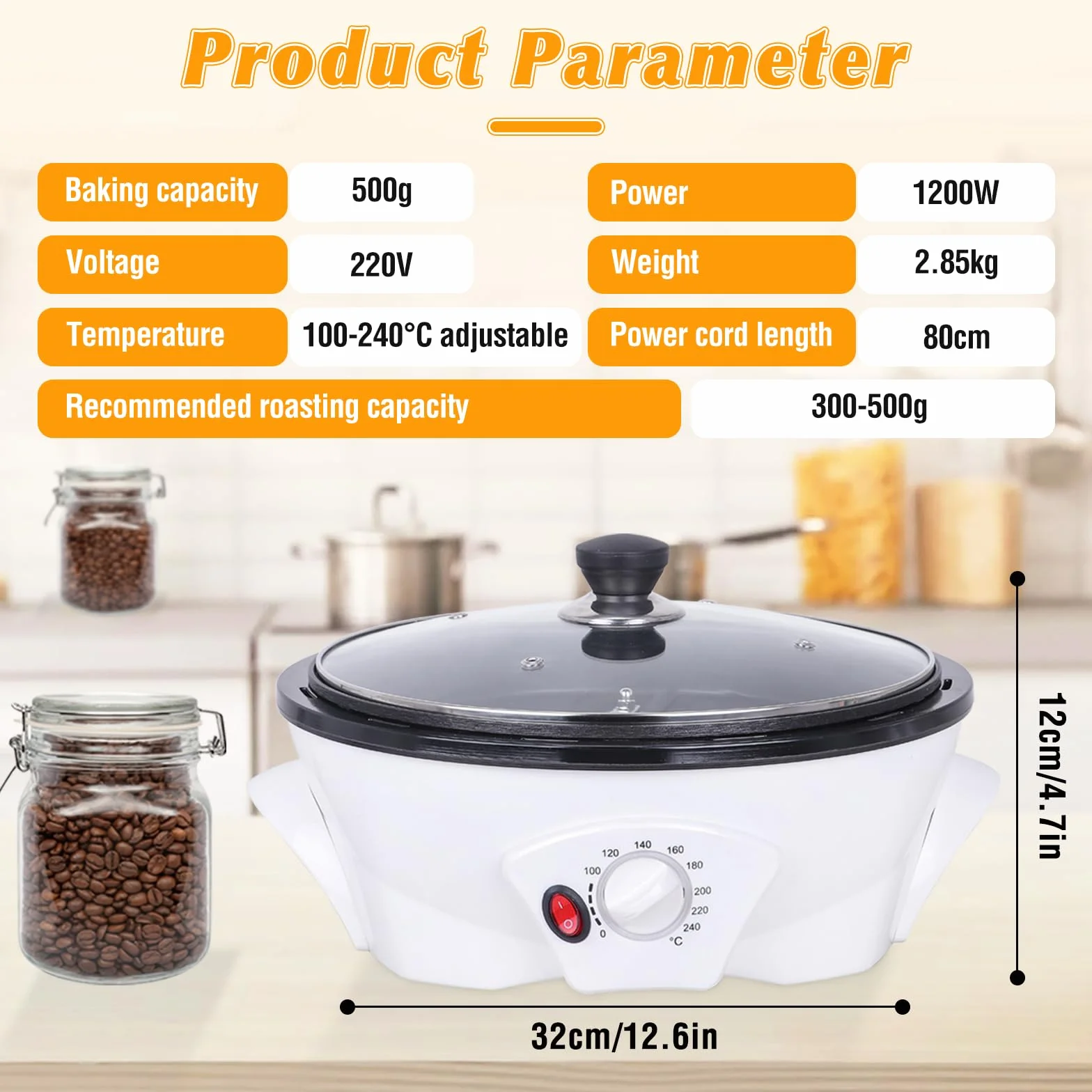 Tostador de Café 500g 0-240℃ 1200W con Temporizador