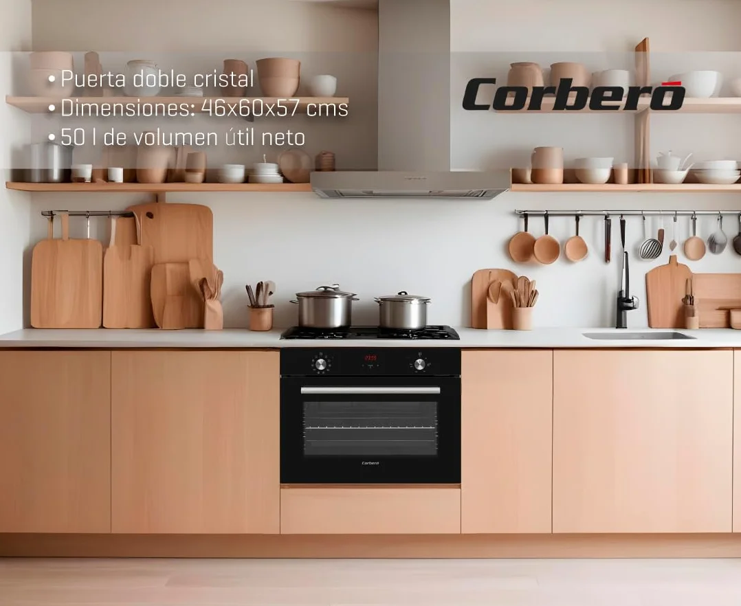 Corberó - Horno Multifunción Compacto 50L| CCHCV451021DTG | 46x60x58 | Hidrólisis | Display Táctil | Guías Extraíbles | 10 Programas | 3100W Potencia | Puerta Doble Cristal | Cristal Negro