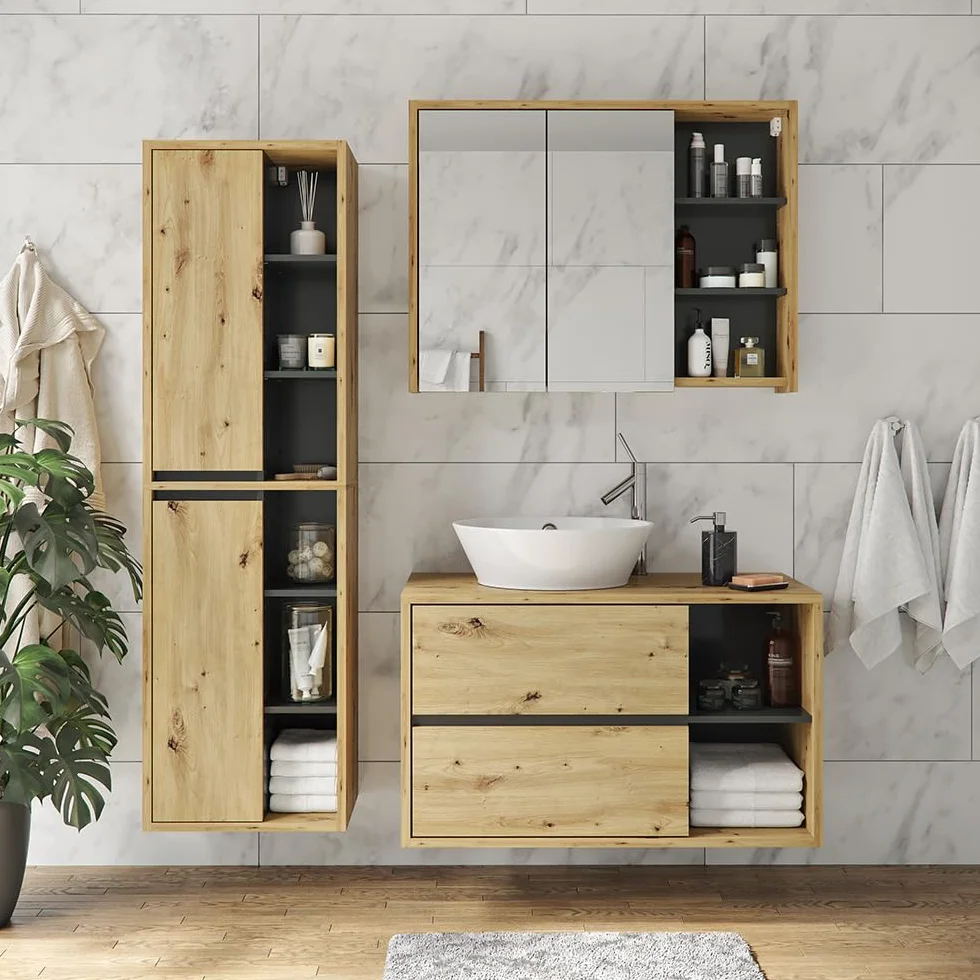 Vicco Mueble para Lavabo Viola, Roble Artesanal, 100 x 60 cm, con Recorte para sifón y estantes Abiertos para Montaje en Pared