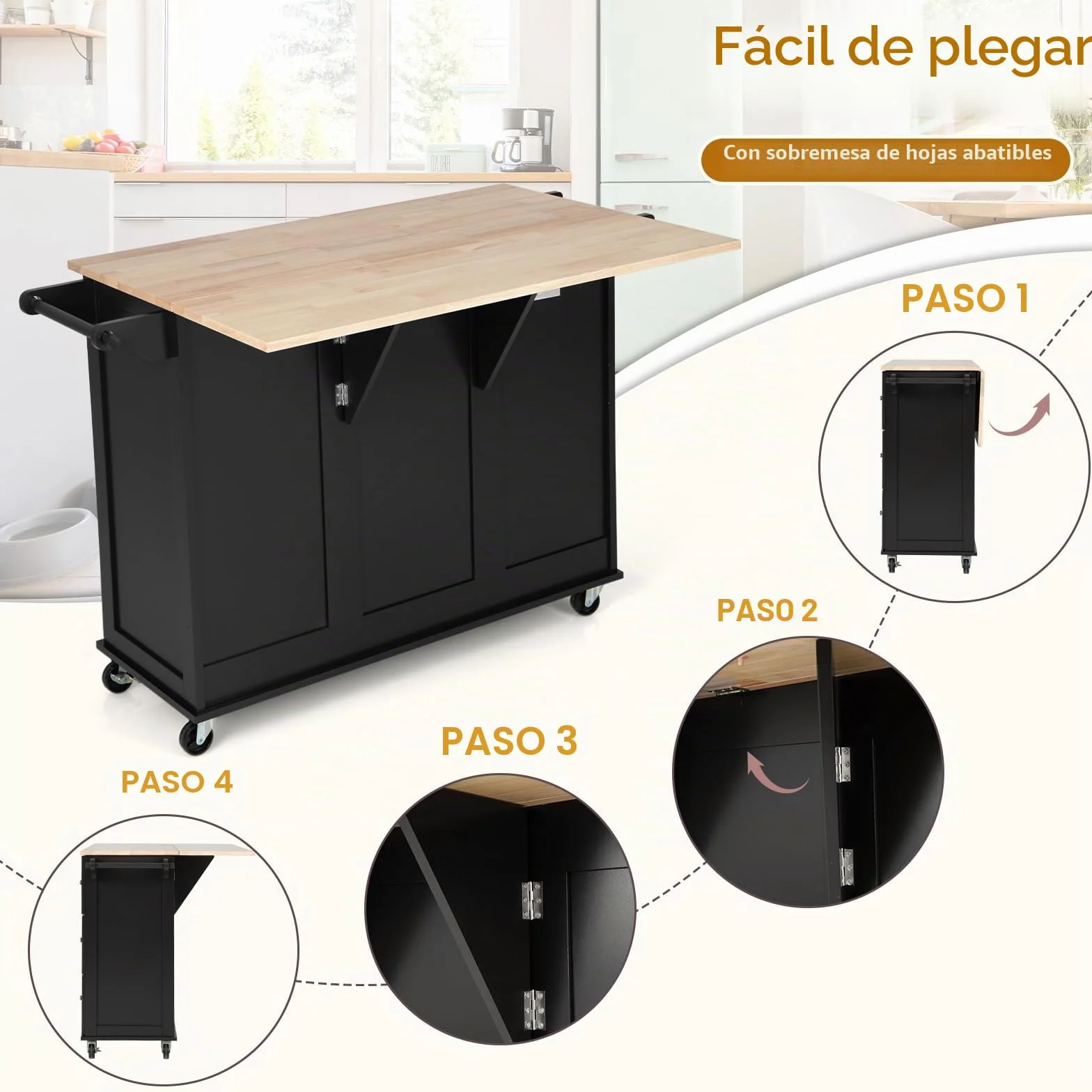 KOMFOTTEU Carro de Cocina con Encimera Plegable, Isla de Cocina con Ruedas, Carro de Servicio con Armario con Puertas y 3 Cajones, Mueble de Almacenamiento con Estantes Ajustables (Negro)