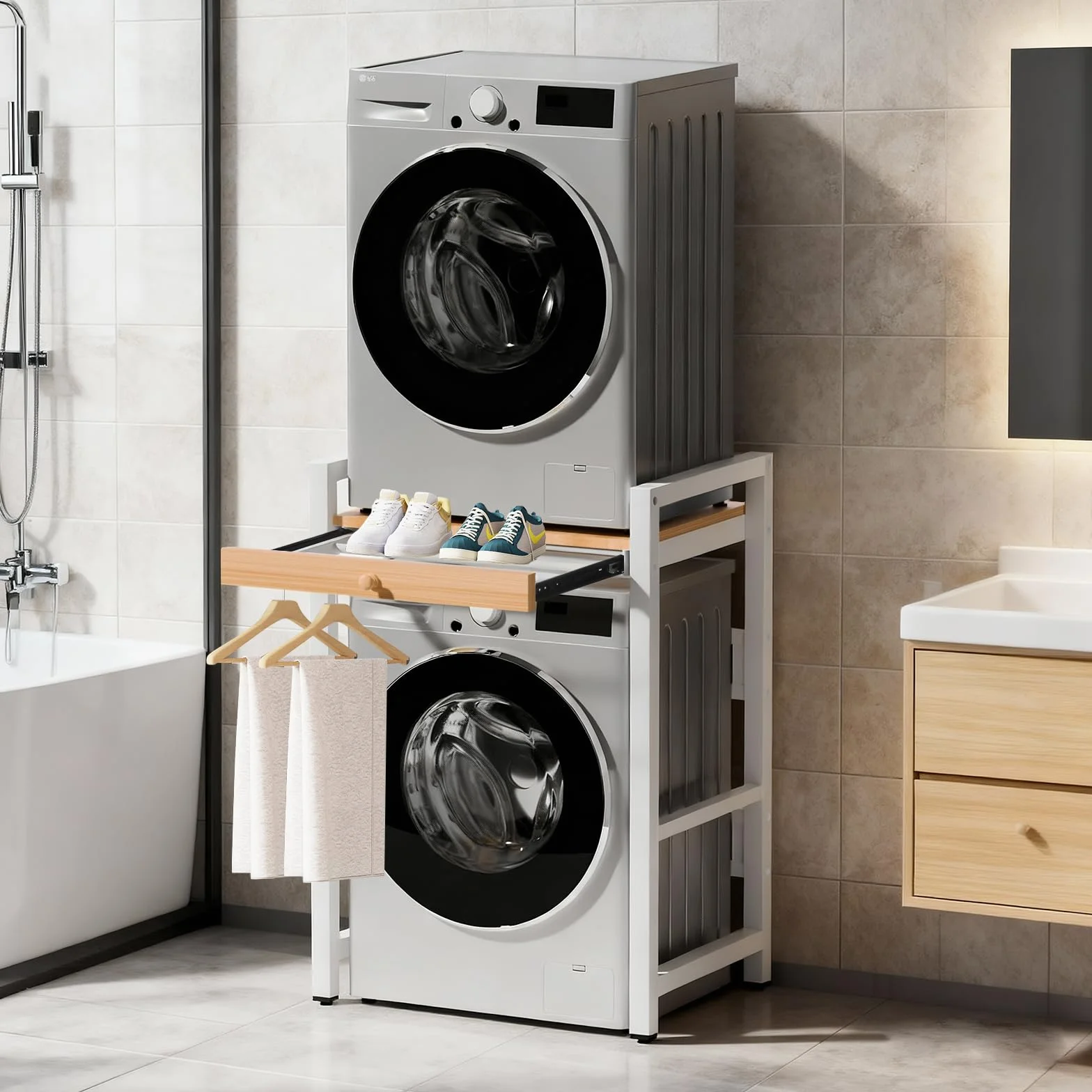 Mueble Lavadora Secadora, Estante Organizador de Baño Ahorra Espacio, Mueble para Lavadora Apto para Lavadora y Secadora, 350 kg de Carga, 73 x 63 x 105cm