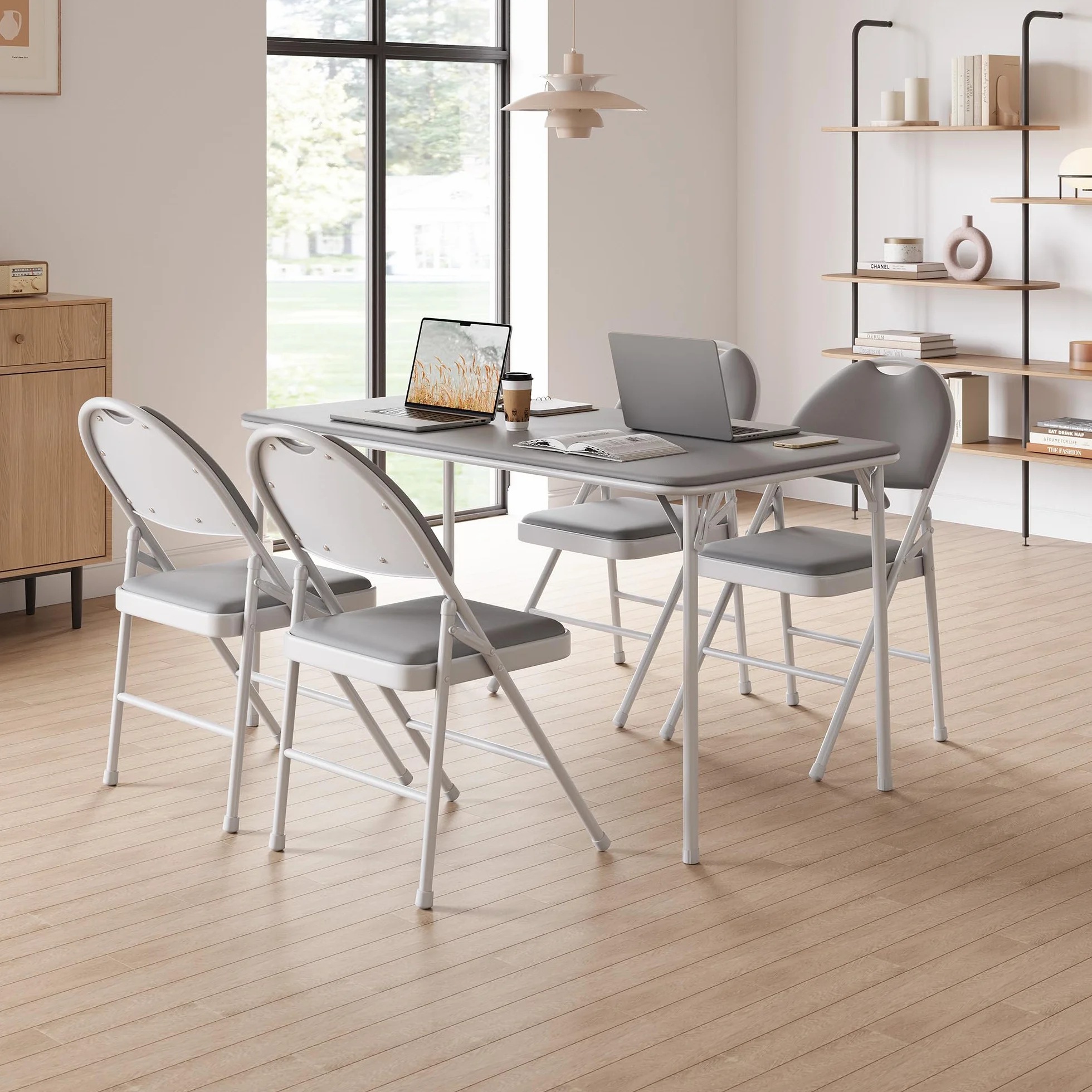 Sillas Plegables compactas Asiento Acolchado PU - Estructura metálica Resistente Respaldo ergonómico Alto Fáciles Transportar y almacenar Comedor la Oficina (4pc Grises)