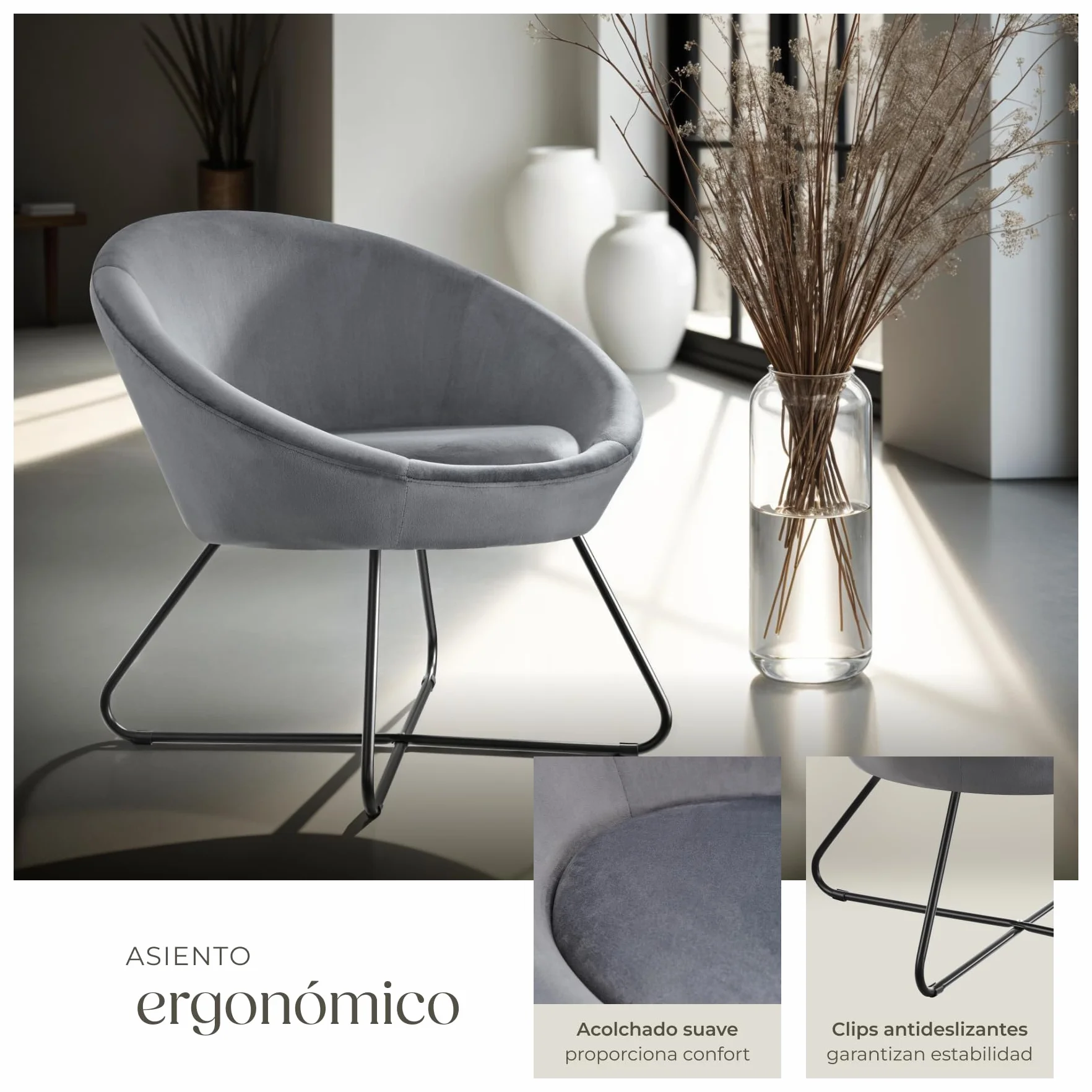 tectake® Sillón de Cóctel Redondo, Estilo Escandinavo, Respaldo Continuo, Acolchado con Espuma de Alta Densidad, Sillón Relax, Muebles Salón, Butacas Dormitorio, Silla Tapizada - Terciopelo Antracita