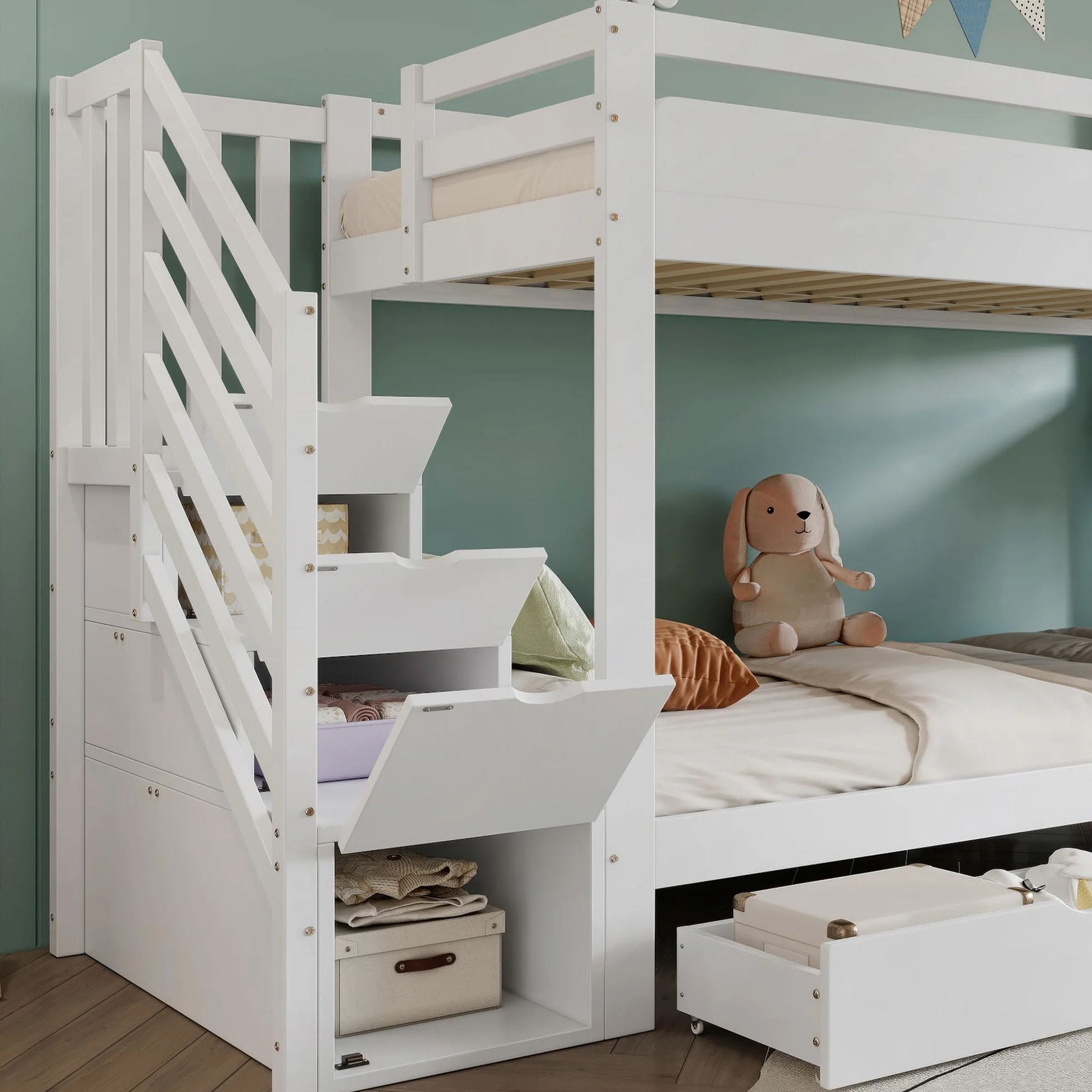 Litera, cuna, con estante para libros, dos cajones con ruedas y tobogán infantil, armario de almacenamiento para escaleras, pino + MDF + madera contrachapada, blanco, 90 x 200 cm