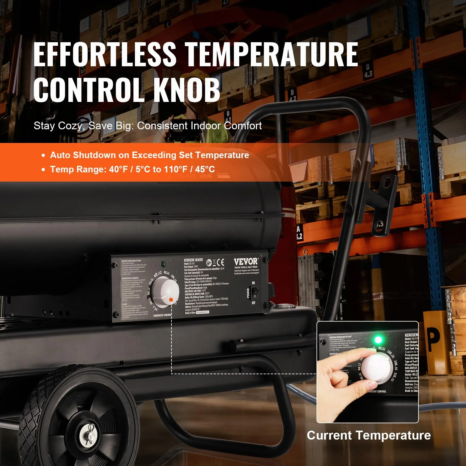 VEVOR Calentador de Aire Forzado a Queroseno/Diésel, 70000 BTU, Portátil con Control de Termostato, Tanque de 19 L, para el Hogar, el Lugar de Trabajo, la Industria, Negro, 870 x 385 x 550 mm