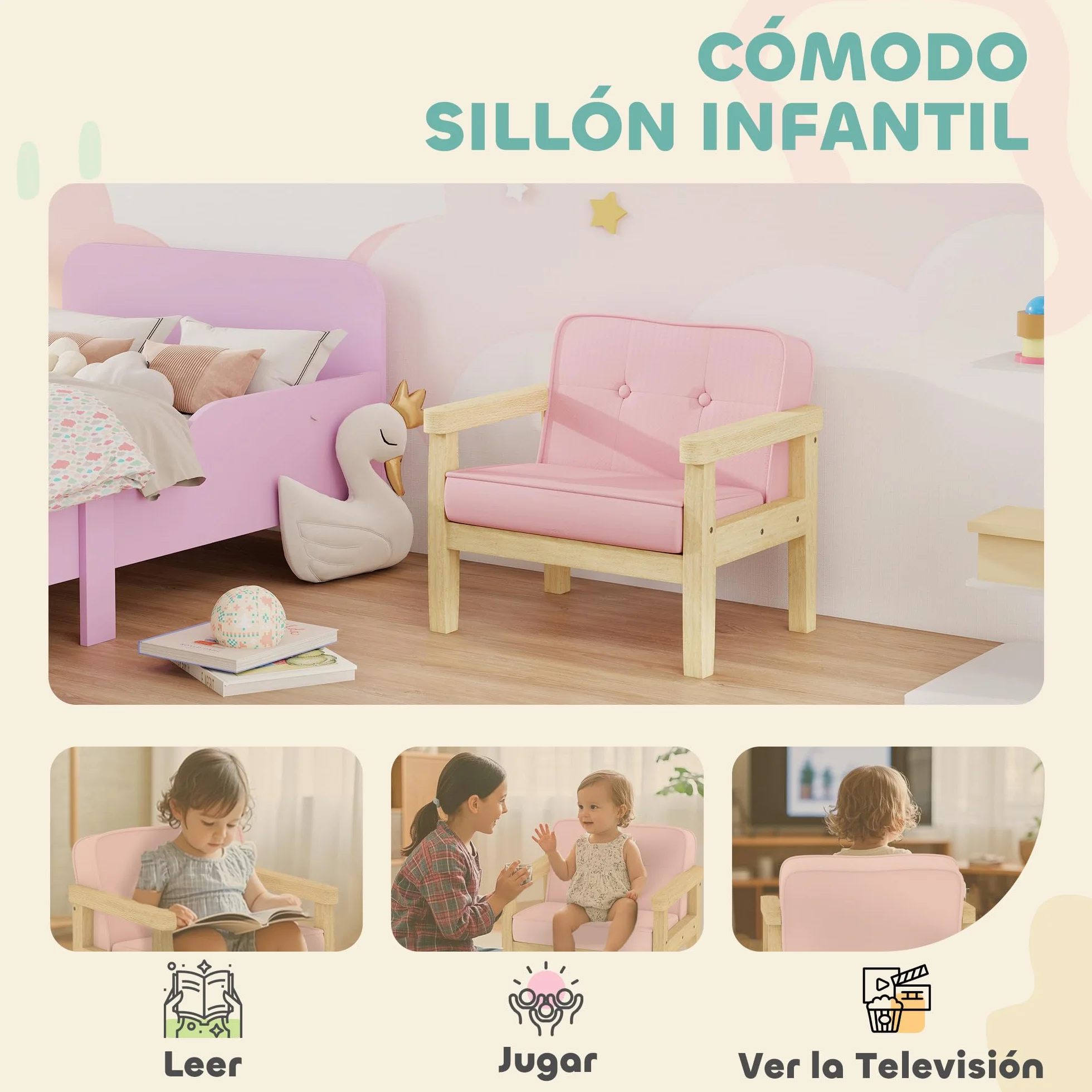 AIYAPLAY Sillón Infantil, Sofá para Niños de +3 Años, con Tejido Suave de Pana, Estructura de Madera, Asiento y Respaldo Acolchado, Reposabrazos, Carga 45 kg, 46,5x44x45 cm, Rosa