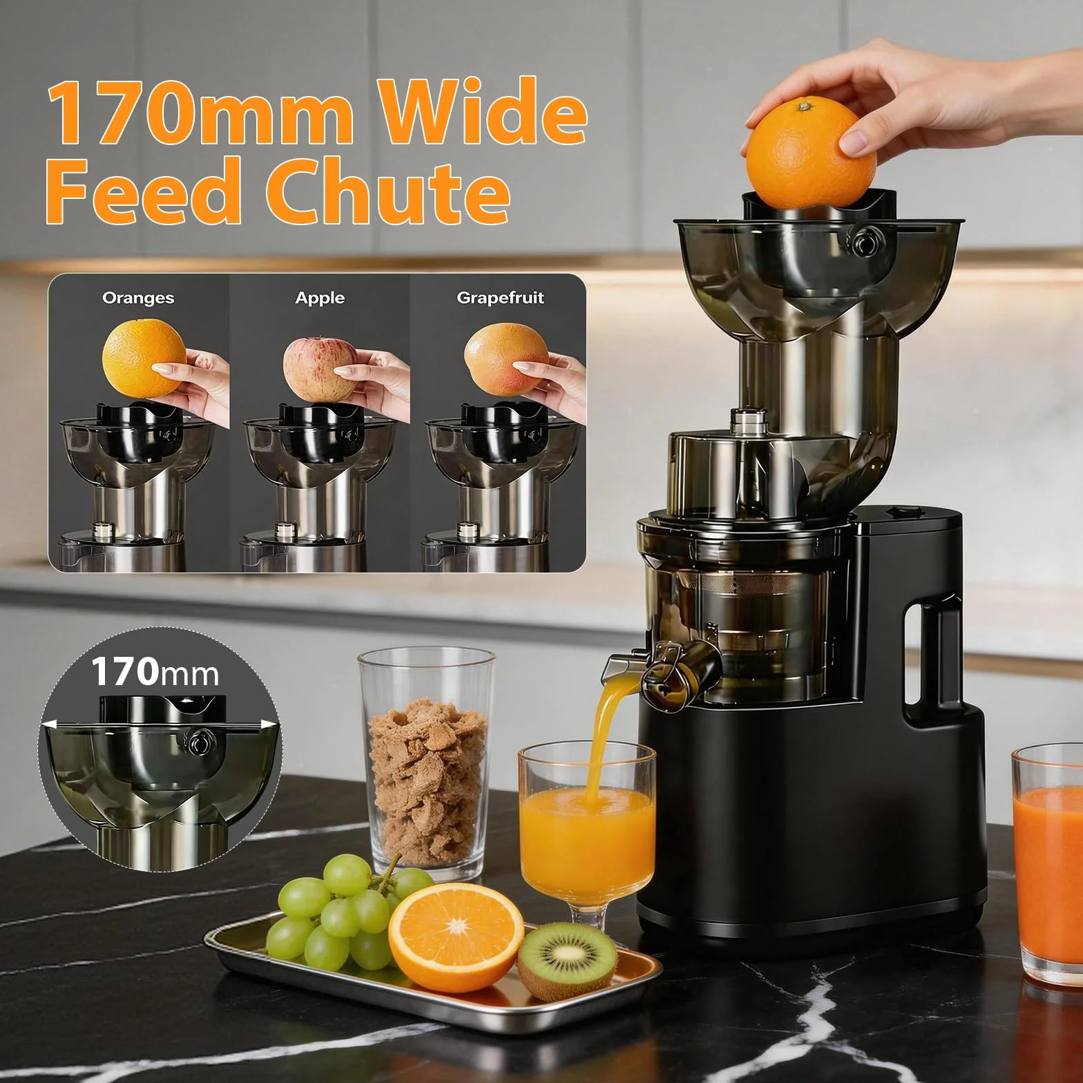 Extractor de Zumos y Verduras, 500W Licuadora Prensado en Frio para Verduras Frutas Enteras, Slow Juicer con Apertura Extractor de 170mm, Fácil Montaje y Limpieza, Sin BPA, Alto Rendimiento de Zumo