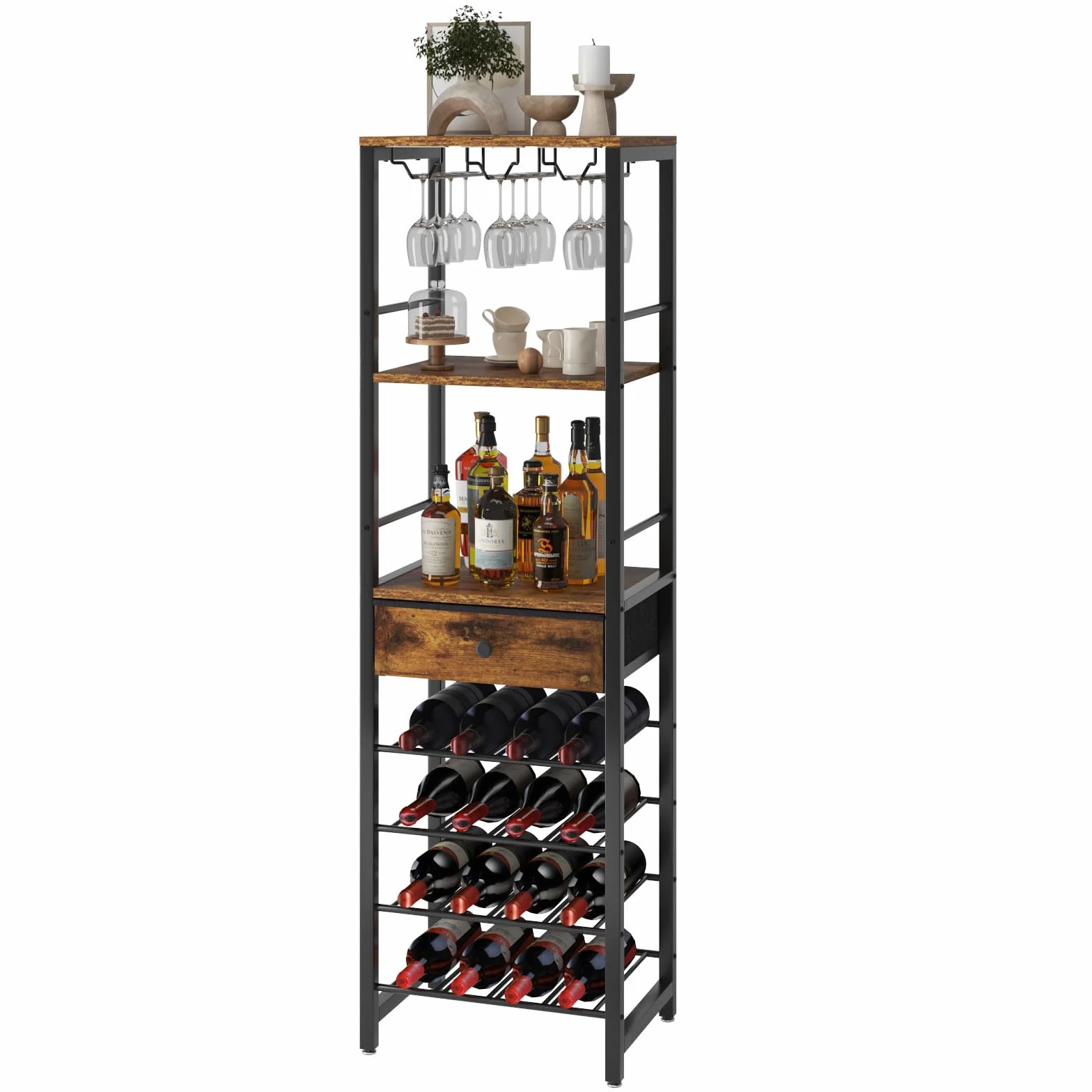 IBUYKE Estantería De Vino, Botellero Vino De 4 Capas Independiente con Portavasos Y Cajón,Estante De Vino De Mostrador, Organizador De Almacenamiento,para Cocina, Bar, Comedor, Marrón Vintage TMJ905H