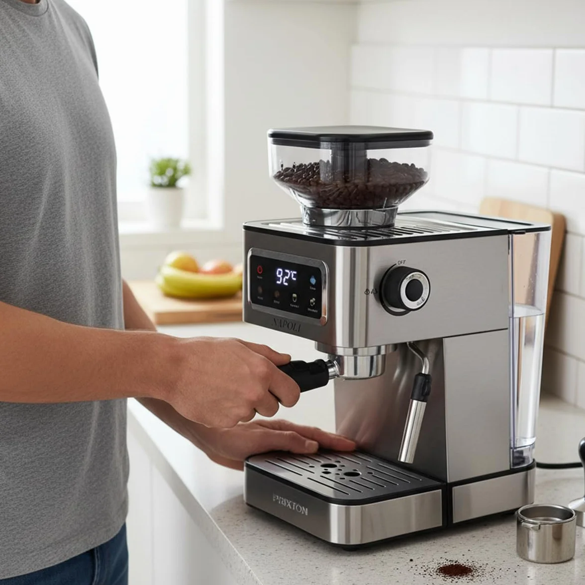 PRIXTON Cafetera Espresso Napoli con Molinillo Integrado 22 Niveles, 20 Bares, 1350W, Filtro de Doble Salida, Vaporizador ajustable, Compatible con Café en Grano, Molido y Cápsulas (Reacondicionado)
