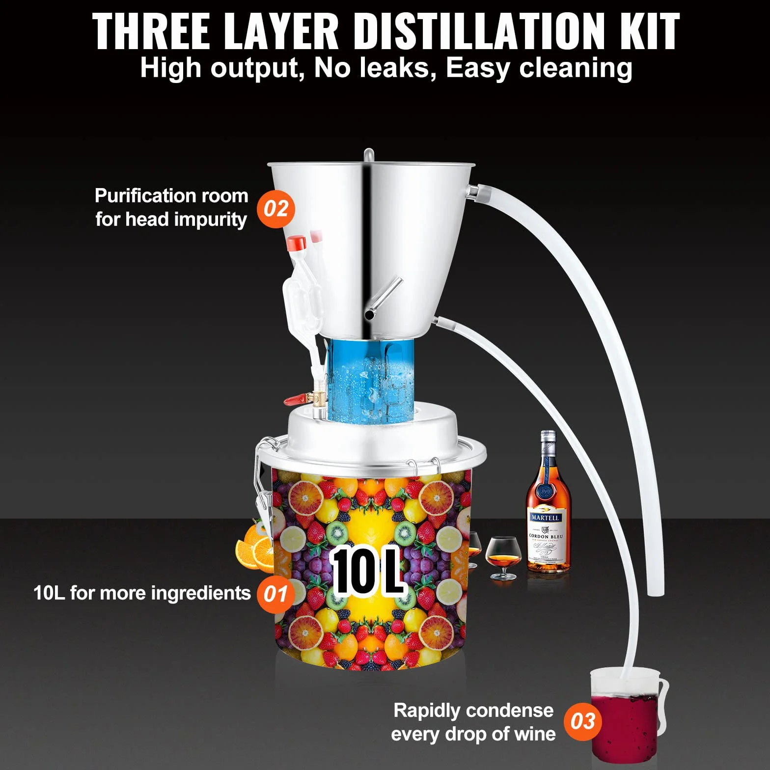 VEVOR Destilador de Alcohol 10L Acero Inoxidable Bomba de Agua 6,8-8 W Kit de Destilación