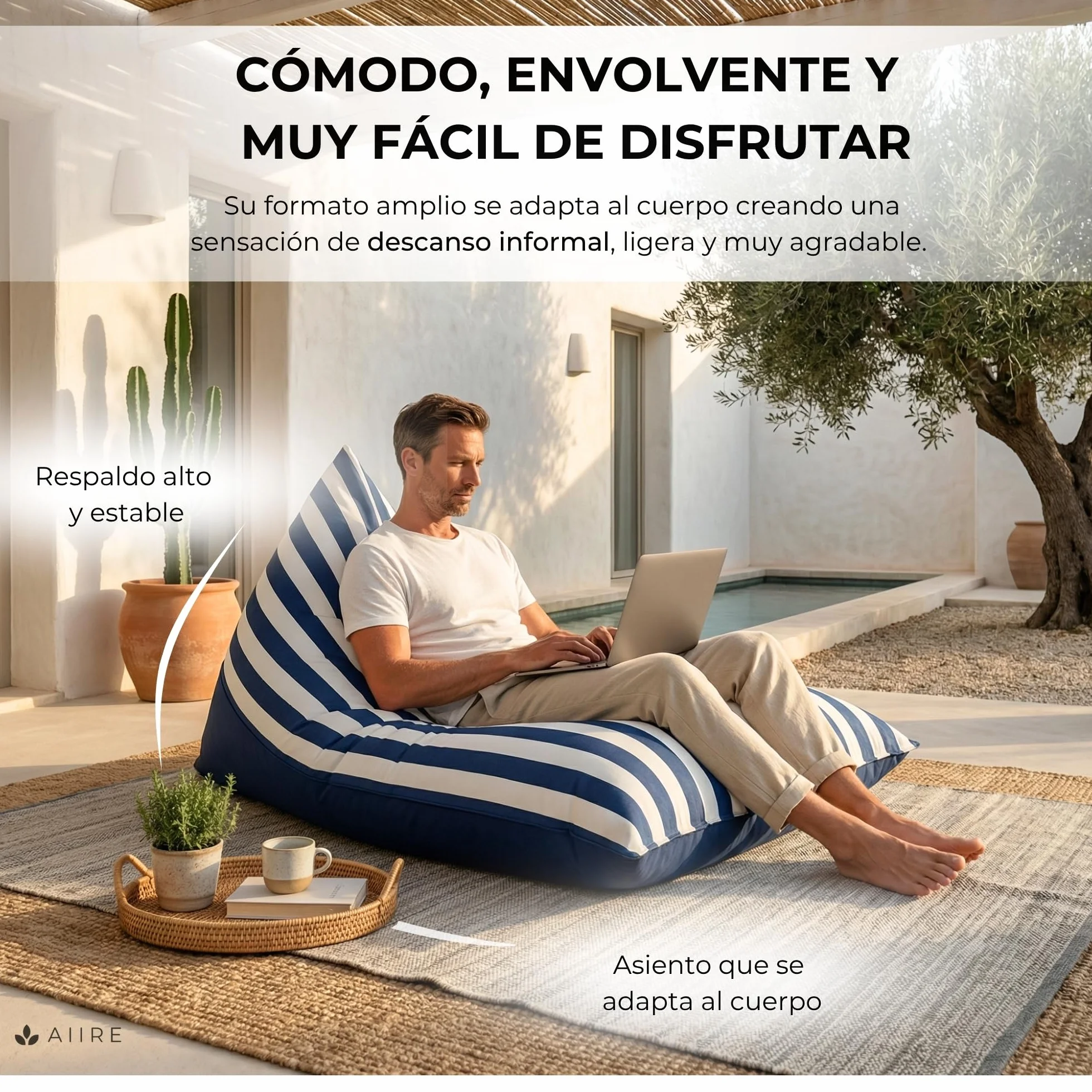 Aiire Puff Exterior Jardín con Relleno Incluido - Tejido Olefina Premium, Desenfundable y Lavable - Sofá Exterior para Playa, Terraza o Piscina - Puff Gigante XXL Azul