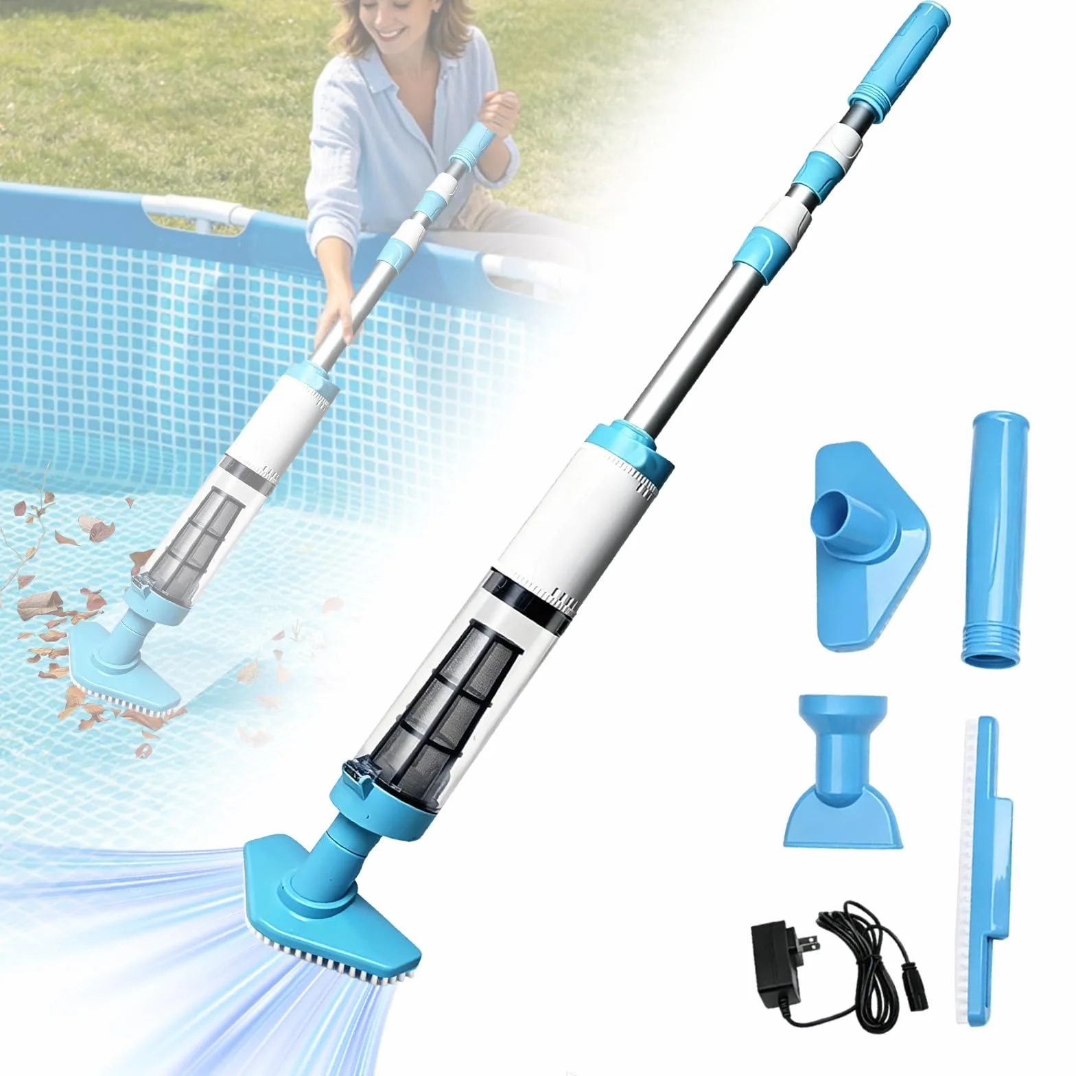 3 en 1 Limpiafondos para Piscina Inalámbrica con Mango Telescópico Aspirador Bateria Recargable Portátil Piscinas Fondos para SPA Eliminar Arena y Residuos,Tiempo de Ejecución 90 Minutos