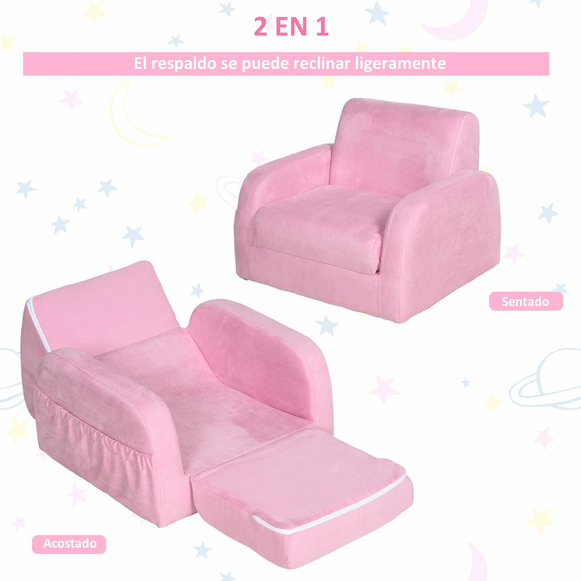HOMCOM Sillón para Niños de 3 Años Sofá Transformable Diseño 2 en 1 Cama Infantil Plegable de 2 Posiciones con Reposabrazos Asiento Ancho Acolchado 47x45x38 cm Rosa