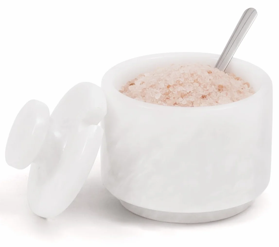 MARBLOUS KRAFTS Salero de mármol con tapa y cuchara de 3" blanco, recipiente pequeño para sal en escamas, tarro de condimentos, almacenamiento de especias para encimera, ideal para caja de sal, tarro