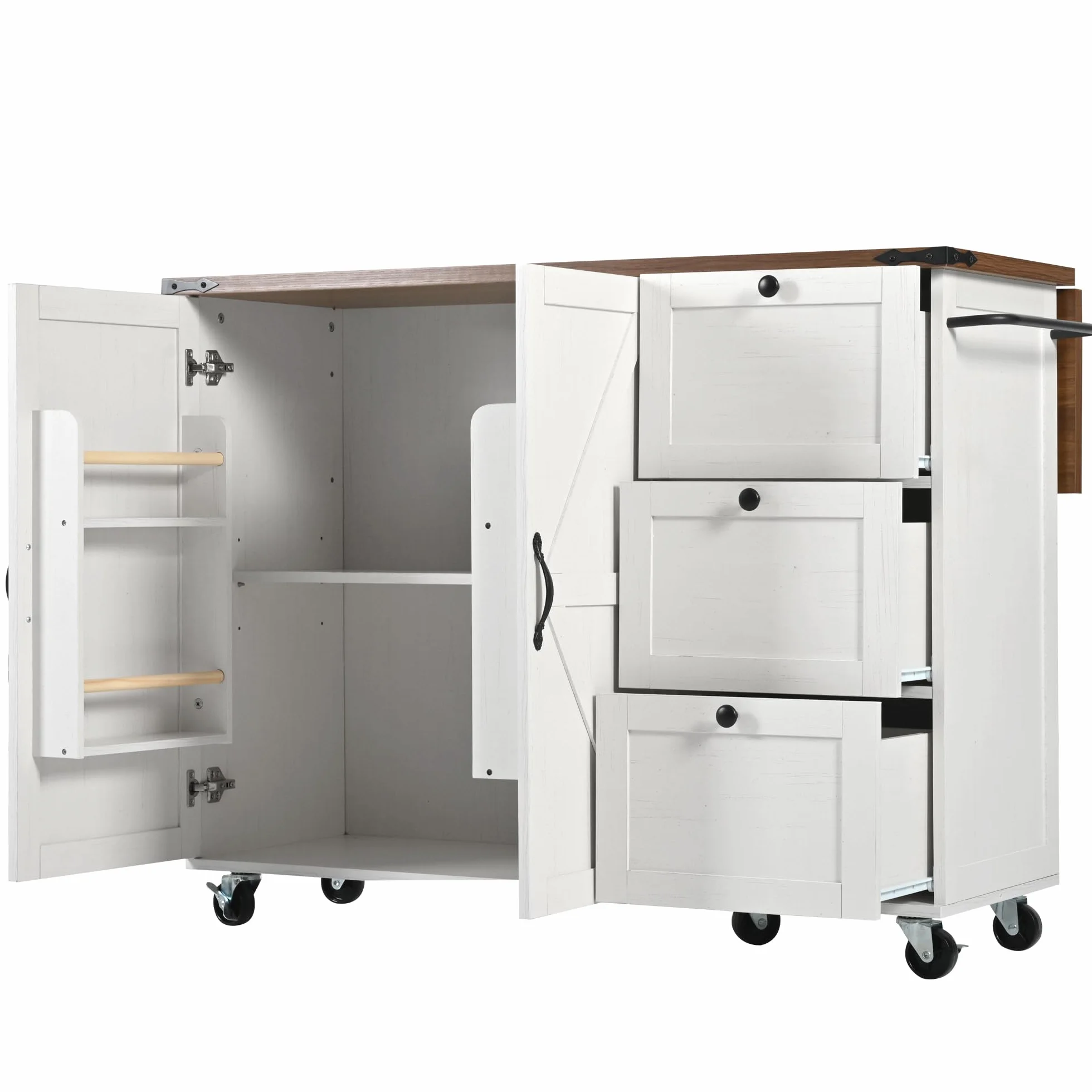 LAKFEW Isla Cocina con Ruedas y Tablero Plegable, Aparador Cocina con 2 Puertas y 3 Cajones, Mueble Auxiliar de Cocina con Estante Ajustable y Toalleros, 140x45(73) x92.5 cm, Beige