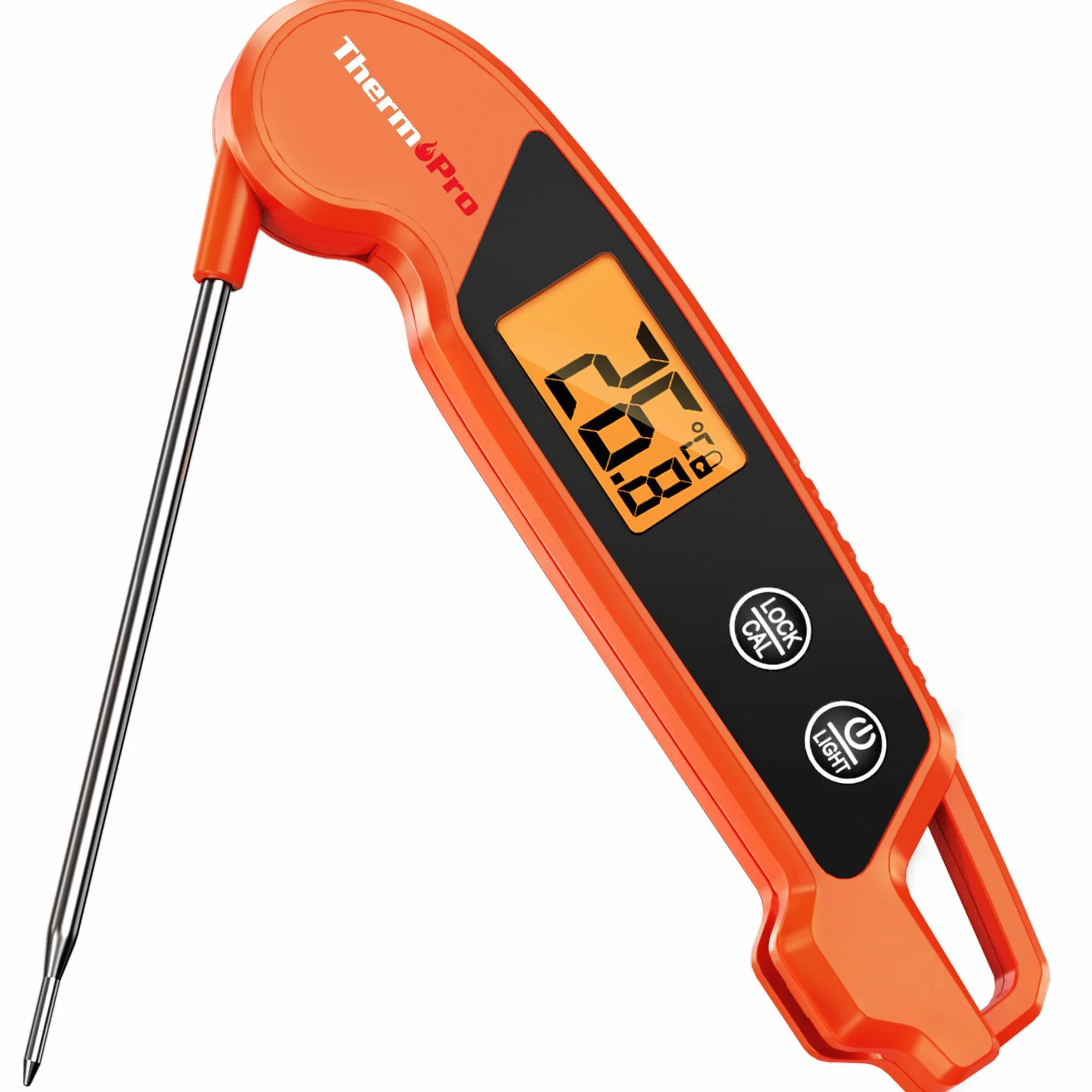 ThermoPro TP603 Termómetro de Cocina Digital, Termómetro Carne Lectura Instantánea, IPX6 Impermeable, Pantalla LCD Retroiluminada, Sonda Plegable para BBQ, Parrilla, Horno, Aceite, Caramelo(Naranja) | Termómetro de cocina LCD de lectura inmediata con retr