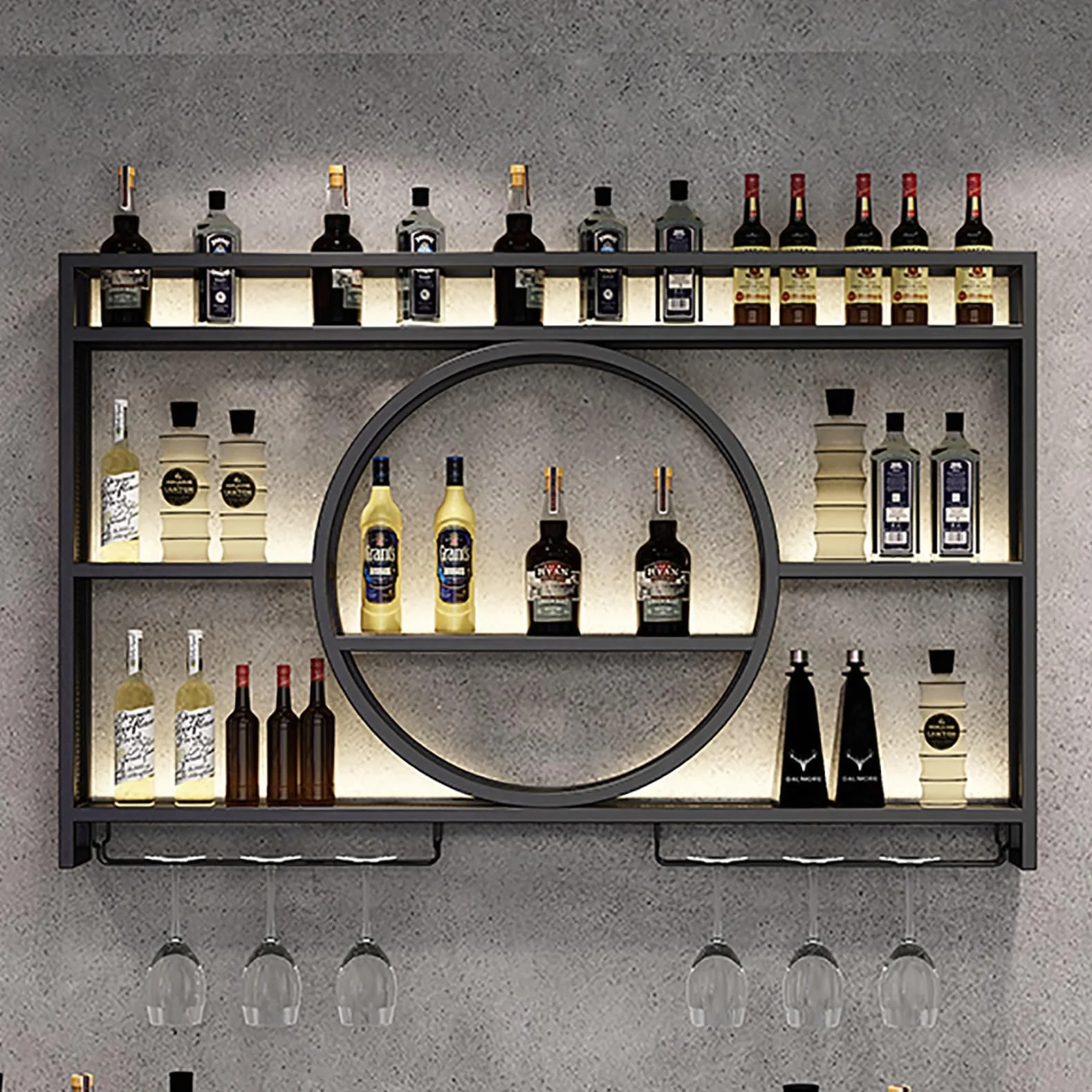 Estante de vino montado en la pared con luz , unidad de barra flotante estante de exhibición de botellas de licor, estante de almacenamiento multifuncional con soporte para copas de (100x15x80cm)