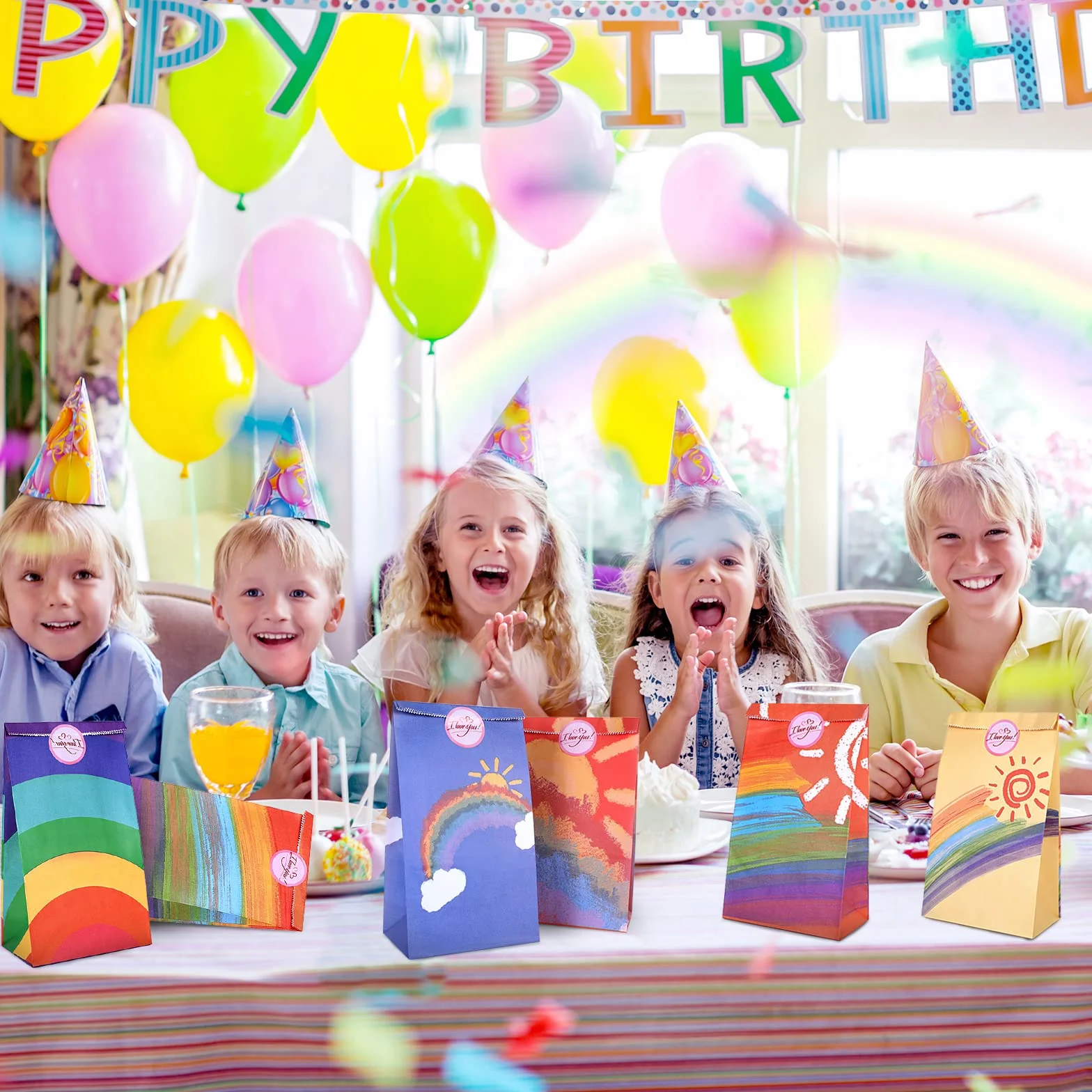 Romon Bolsitas para Regalos, 24 PCS Bolsas de Papel Kraft Arco Iris Bolsas Cumpleaños Infantil con 24 Pegatinas para Envolver Regalos, Regalos, Fiesta, Celebración, Boda, 1 item