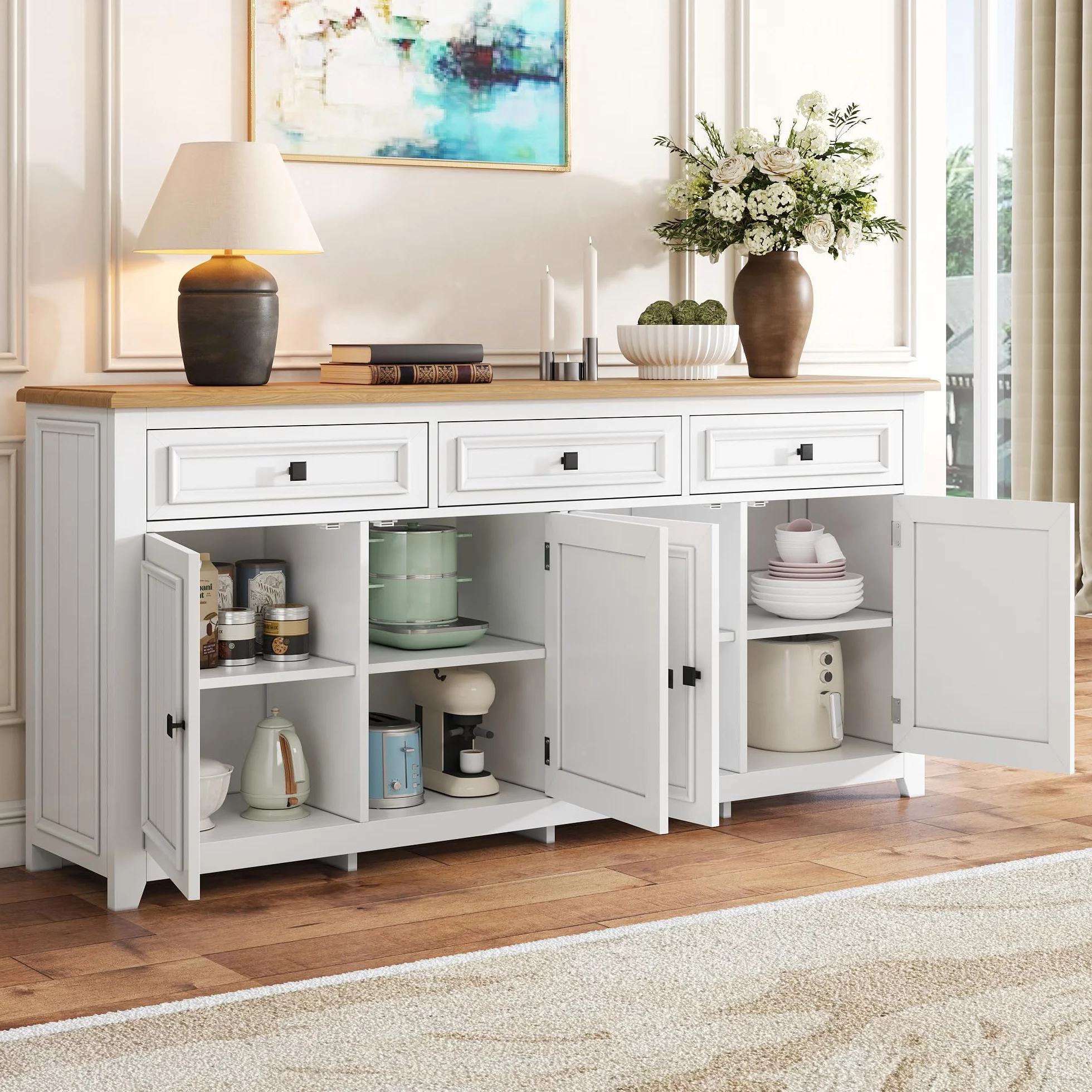 Aparador Cocina, Aparador para Salon con Separadores Ajustables, Buffet Comedor con 3 Cajones y 4 Puertas, Modern Mueble Auxiliar Cocina de Entrada para Dormitorio y Salón, 160x35x76cm (Blanco)