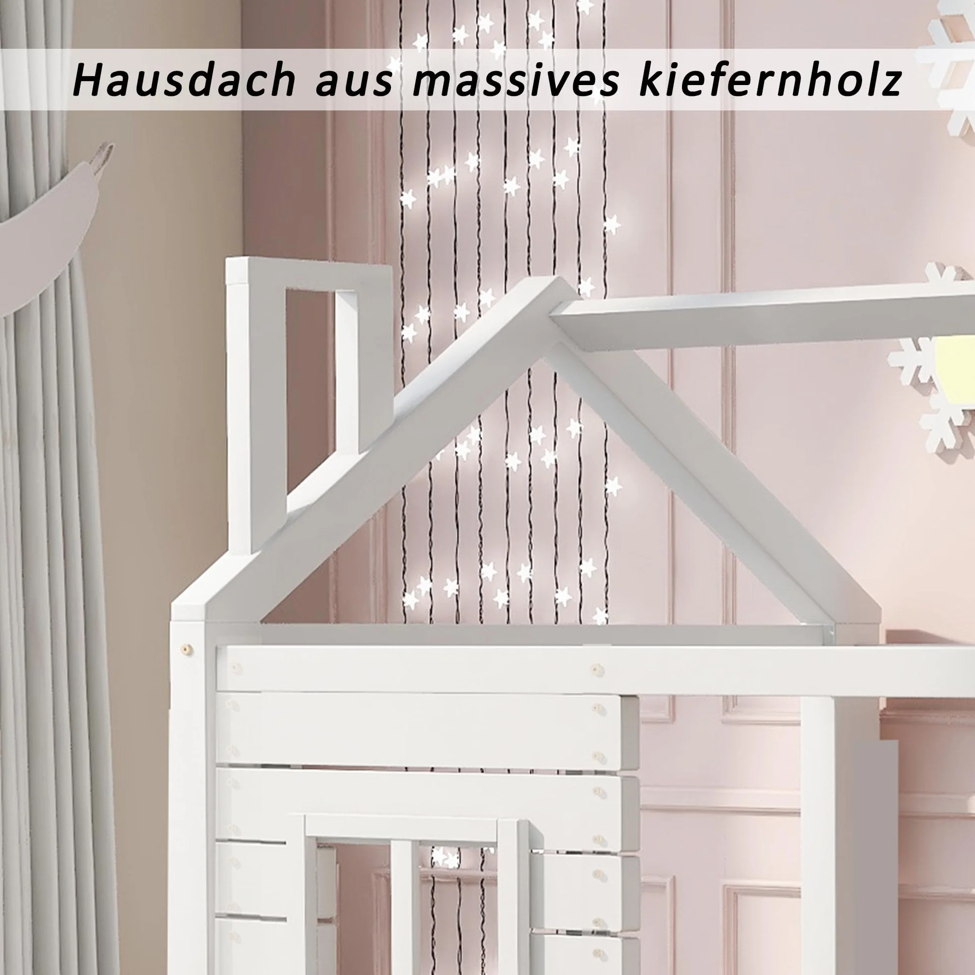 Cama infantil de 90 x 200 cm, con protección anticaídas, versátil, madera maciza, cama con ventana y somier, color blanco