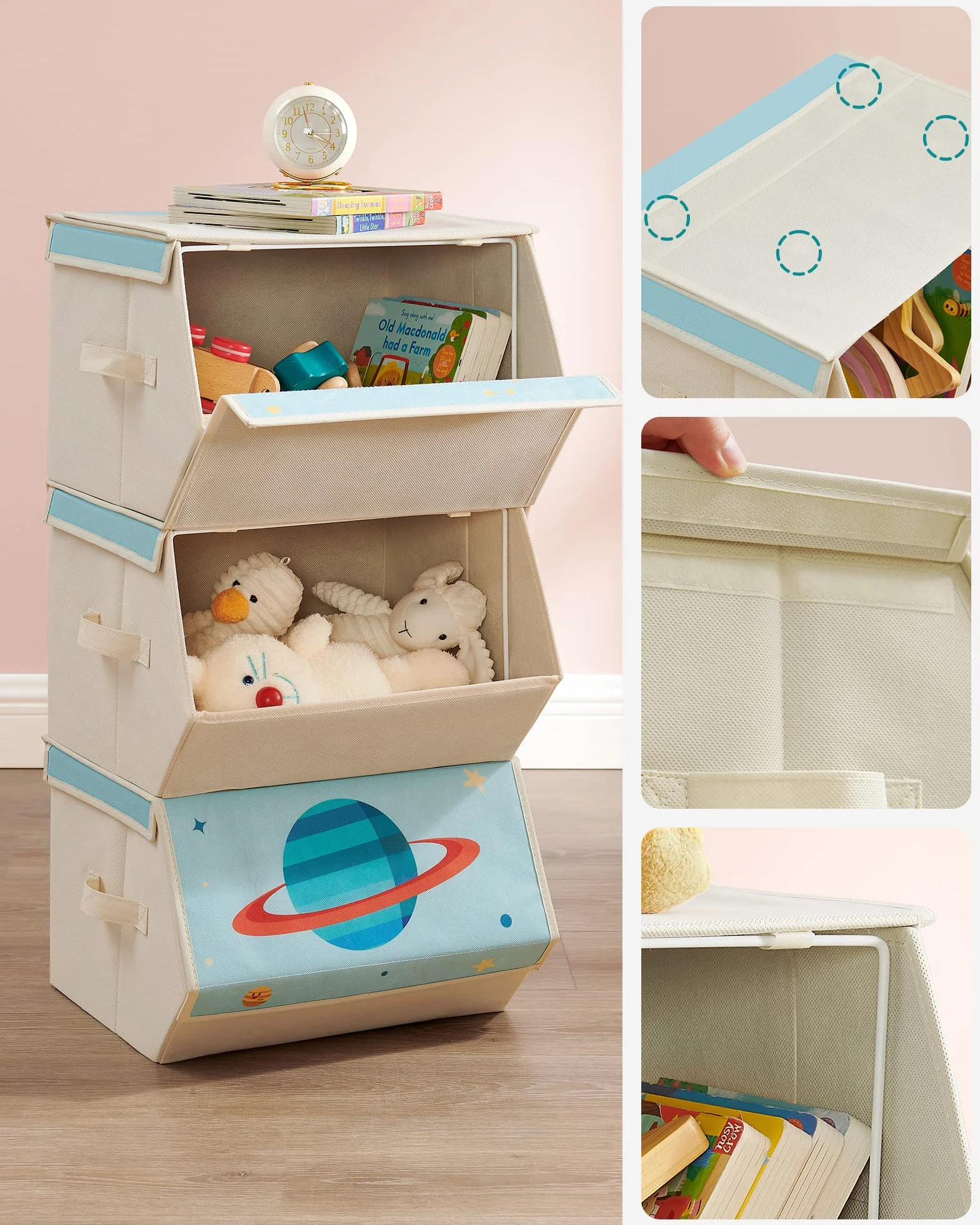 SONGMICS Cajas de Juguetes para Niños, Juego de 3 Cajas de Almacenamiento Apilables y Plegables, con Asas y Tapa Magnética, Azul