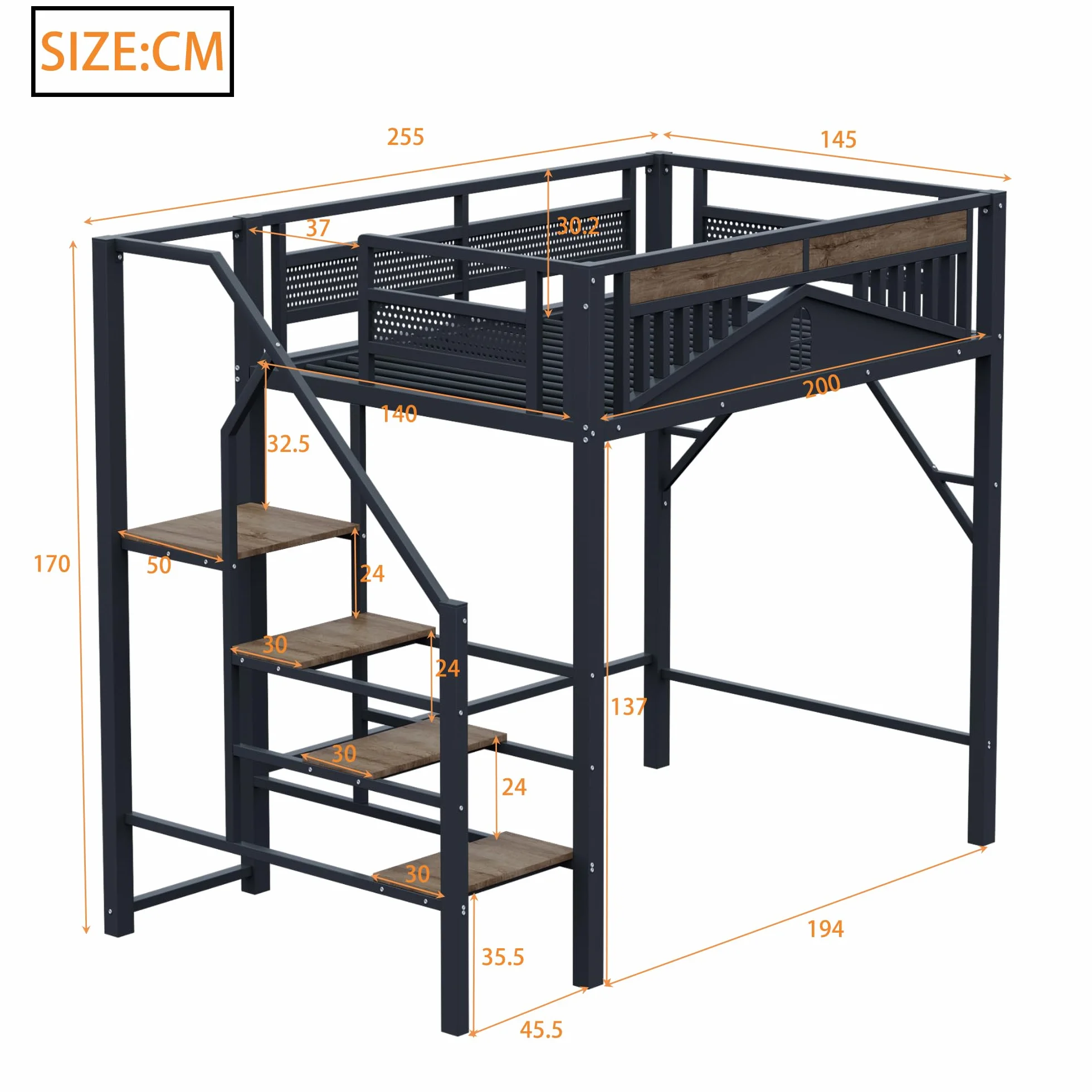 SACOOL Cama alta de metal de 140 x 200 cm, forma de carcasa única con diseño de ventana, con escalera de seguridad, mucho espacio debajo de la cama, color negro