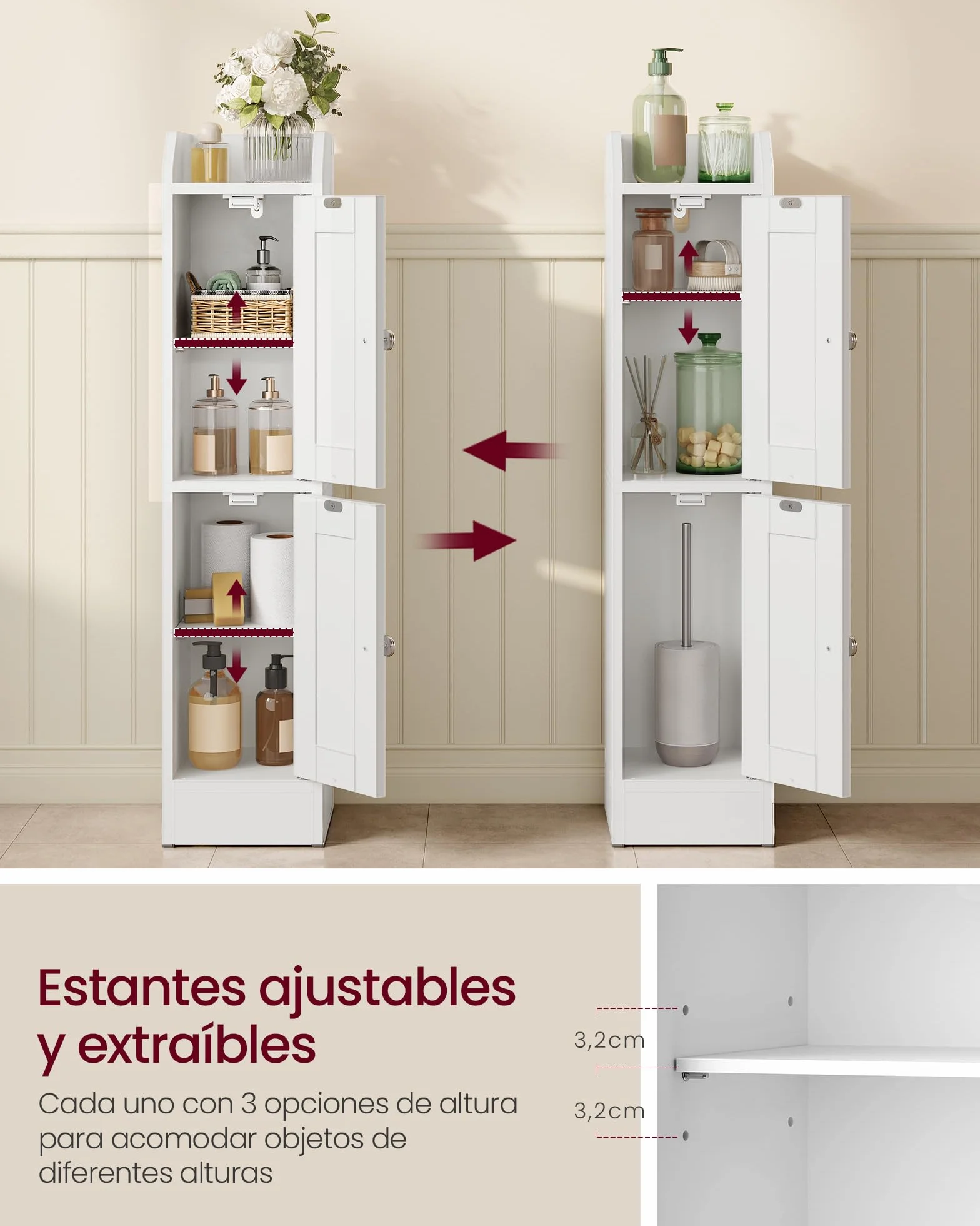 VASAGLE Siren Mueble de Baño Estrecho Esquinero con Estantes Ajustables, Puertas Reversibles, Blanco Nube BBK312WB02