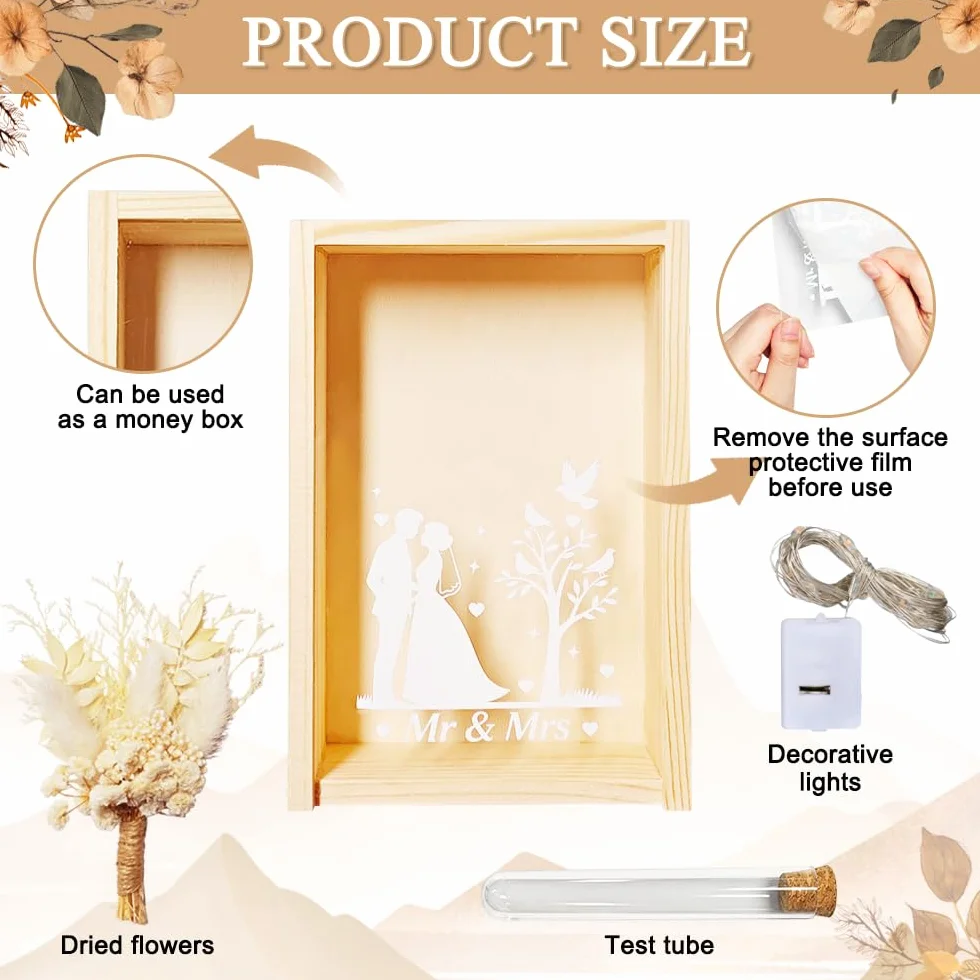 Caja Regalo Boda Madera con Flores Secas y Luces