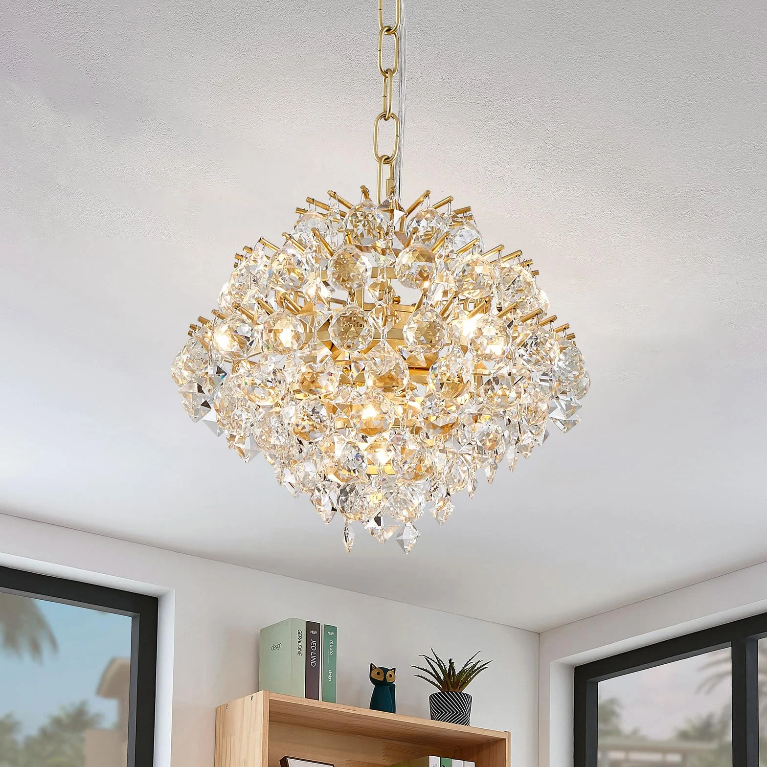BESTIER Oro Colgante Moderno Candelabro Cristal Iluminación de Gota de Lluvia Lámpara de Techo Lámpara para Comedor Baño Dormitorio Sala de estar 4 bombillas G9 Requeridas D28cm x H30cm