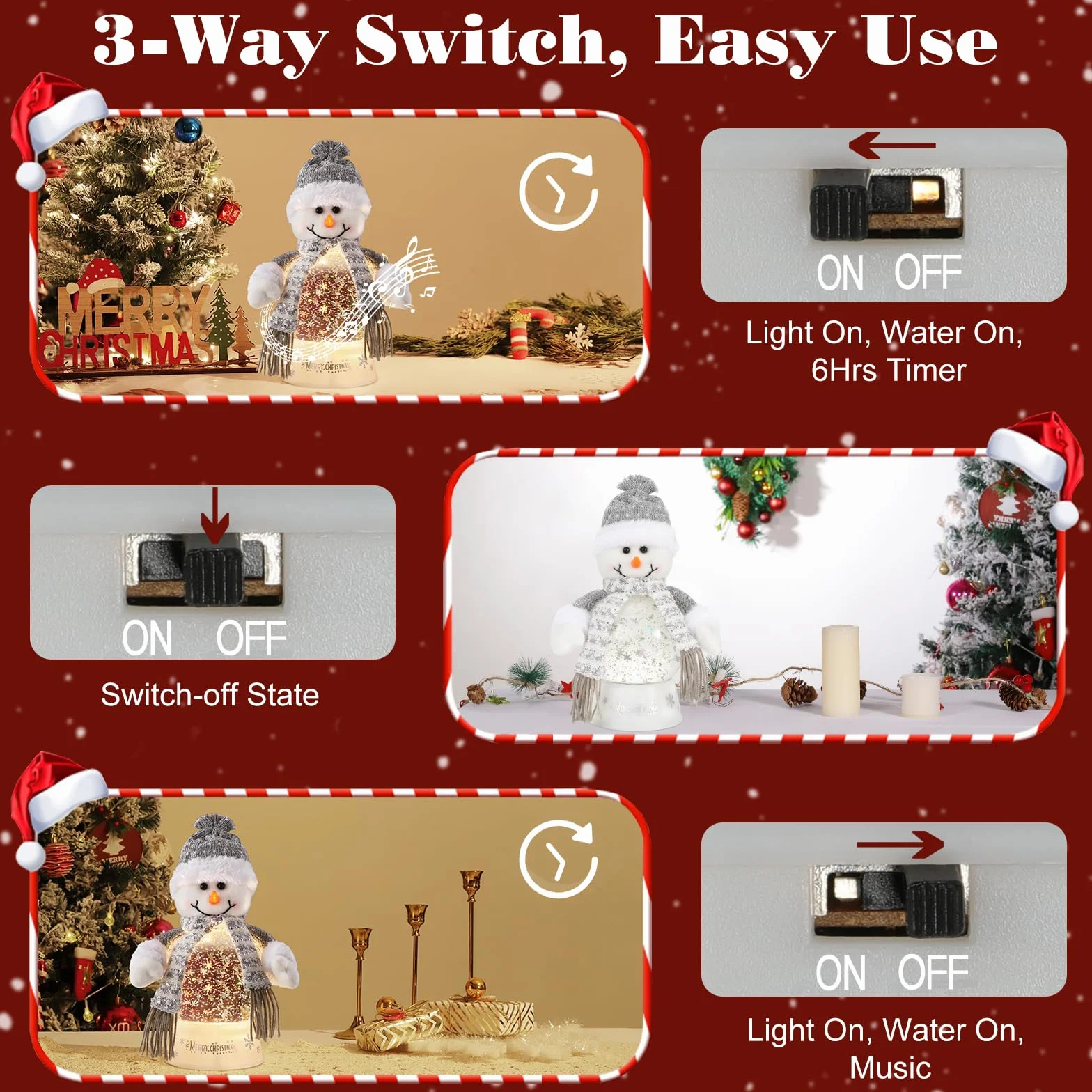 Lewondr Globo de Cristal Nieve Navideño, Hombre de Nieve con Bufanda Gris, Spinning Glow y 8 Canciones, Caja Musical Árbol Navidad, Alimentado por la Batería Lámpara de Navidad