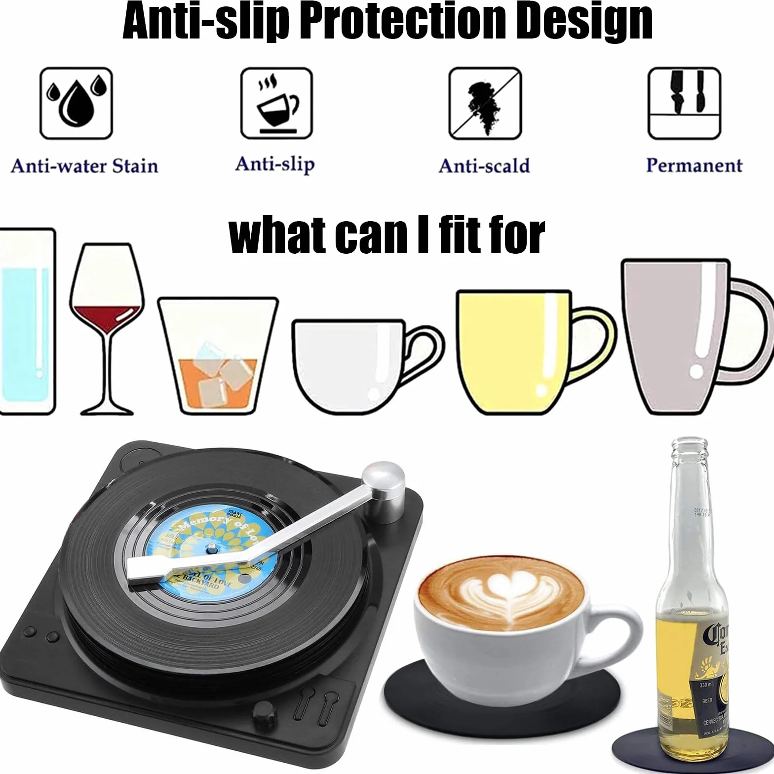 6 posavasos de silicona, posavasos retro de vinilo con soporte, en forma de discos de vinilo, para café, té, jarra de cerveza, vino, de cristal, casa y bar